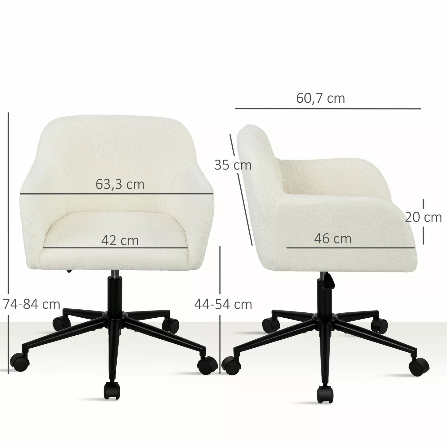 Sukama biuro kėdė su ratukais, darbo kėdė, vilnos audinys, putplastis, reguliuojamas aukštis, namų biurui, kreminės baltos spalvos