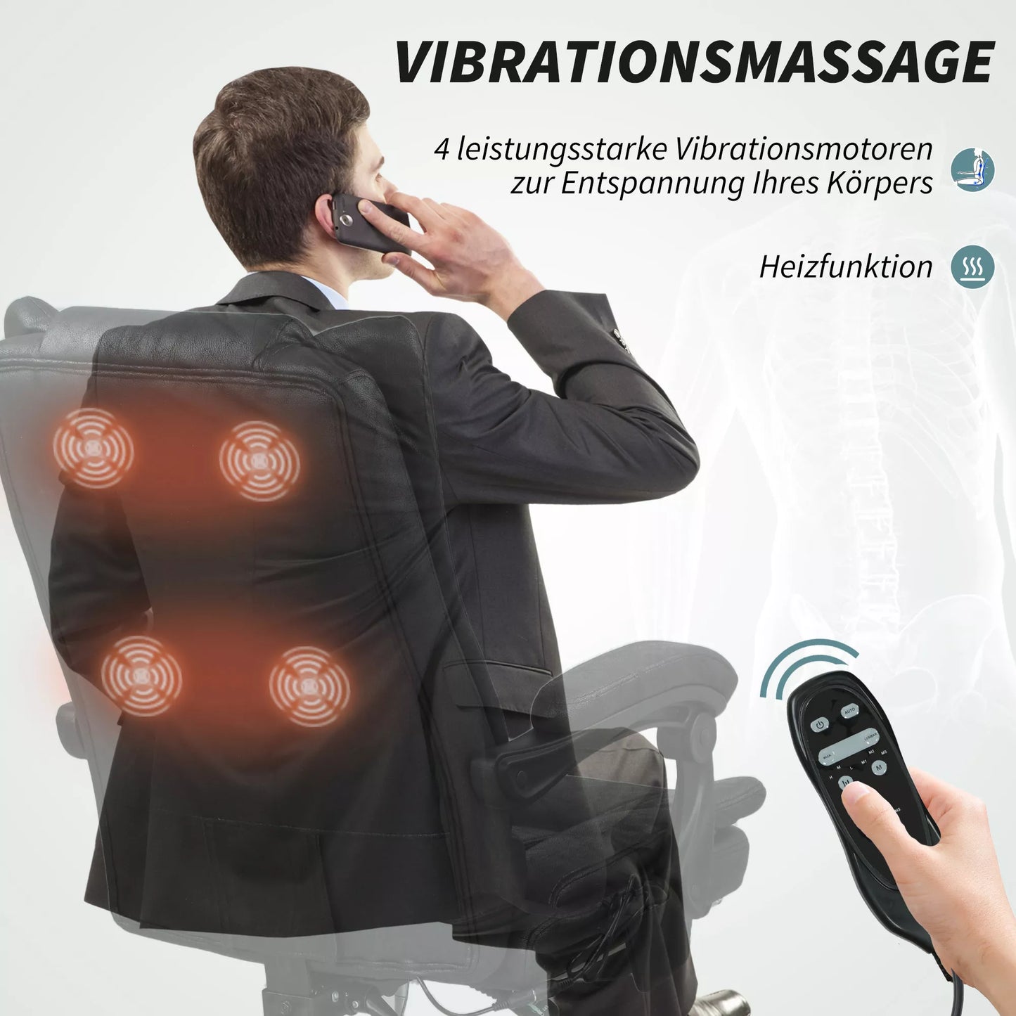 Masažinė biuro kėdė su masažo funkcija, su kojų atrama, reguliuojamo aukščio, 64 cm x 70 cm x 118 cm, Juoda