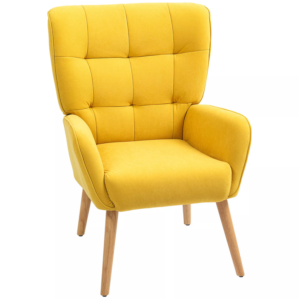 Minkštas fotelis svetainei su dygsniavimu, minkštas aksominės išvaizdos apmušalas, iki 120 kg, geltonas