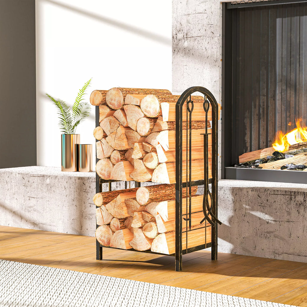 Kaminwood shelf for indoor use 43 x 30 x 74 cm 2-tier firewood shelf with 4 fireplace tools, hooks