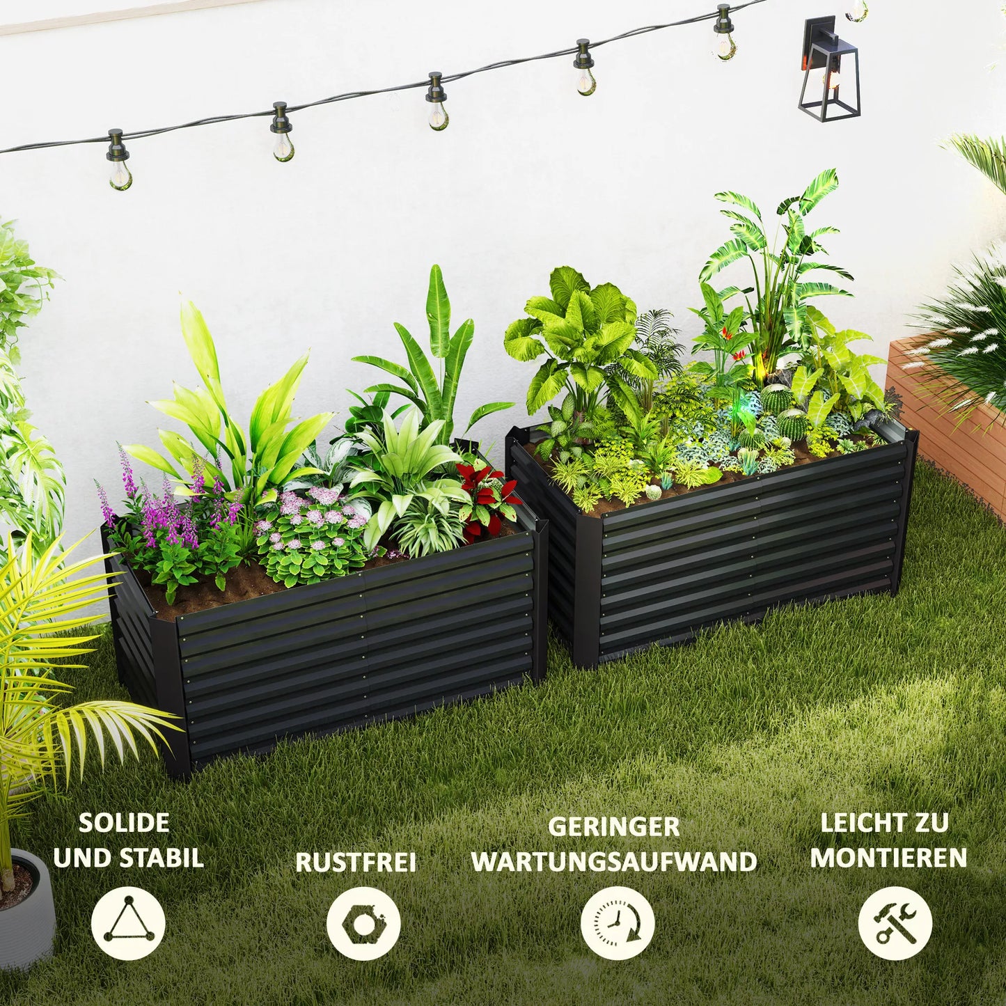 Aukštos lysvės, 2 vnt. rinkinys, gėlių dėžė, ypač gili, metalinė, 120 x 60 x 60 cm, tamsiai pilka