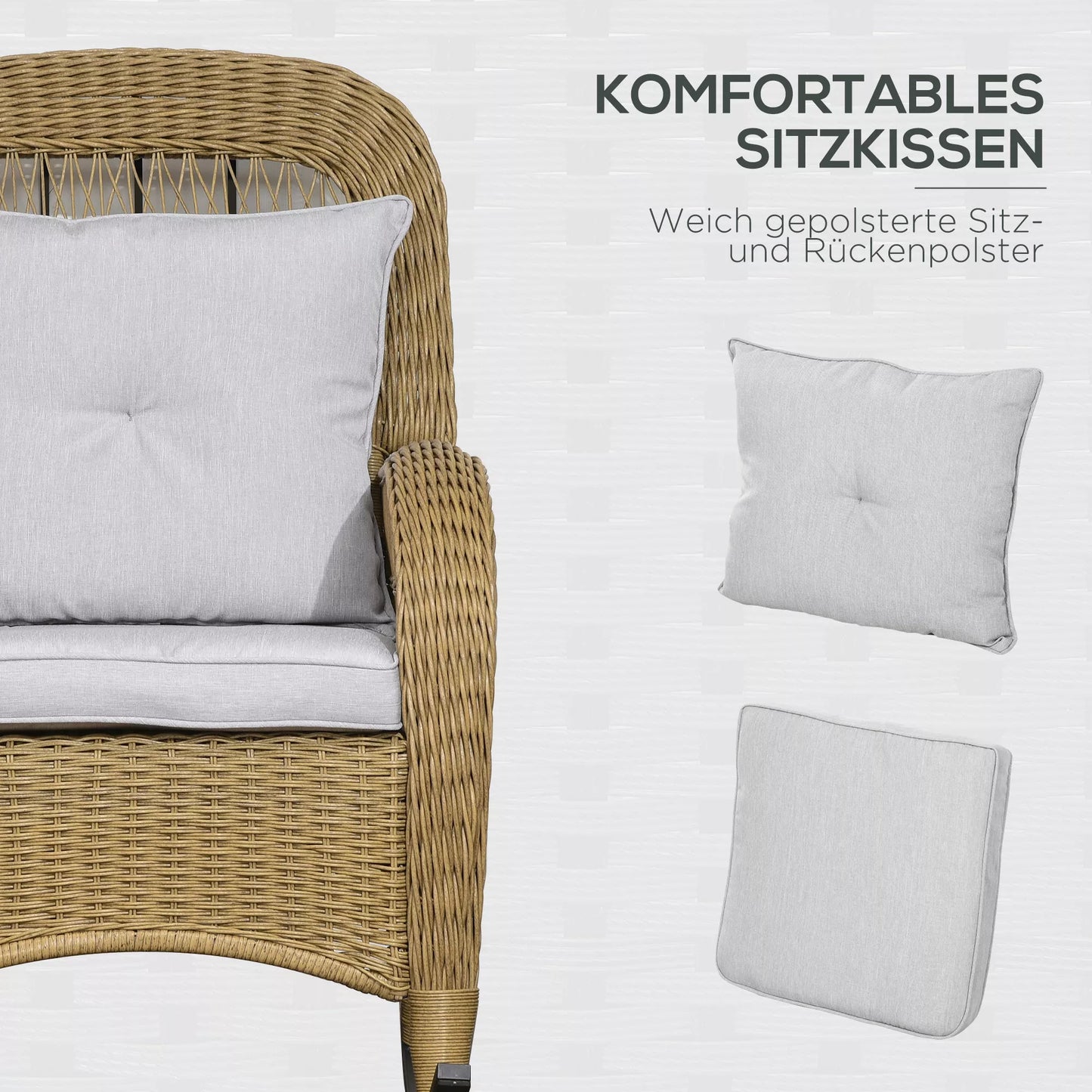 Boho stiliaus supamasis krėslas, PE rotangas, rotango supamasis krėslas, plaunami apmušalai, natūralus + šviesiai pilkas