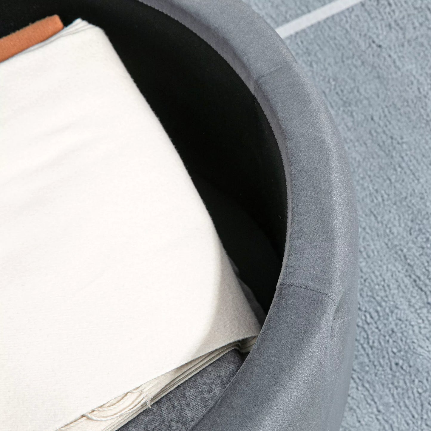 Apvalus pufas su daiktadėže, dygsniuotas su sagomis, velveto tipo danga, pilkas, 60 x 60 x 40 cm