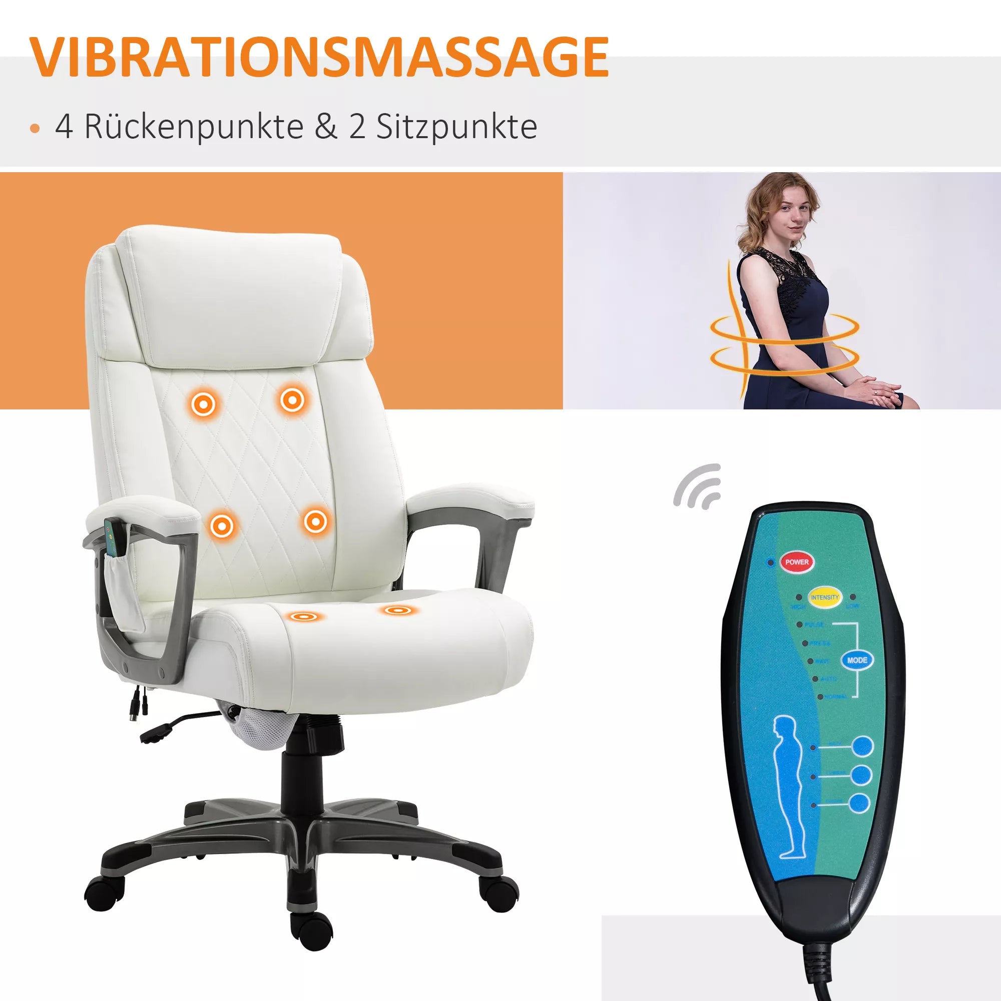 Masažinė biuro kėdė, 6 taškų masažinis pasukamas krėslas, ergonomiška, reguliuojama, dirbtinės odos, su lenkta galvos atrama ir porankiu, balta 70 x 76,5 x 114-124 cm