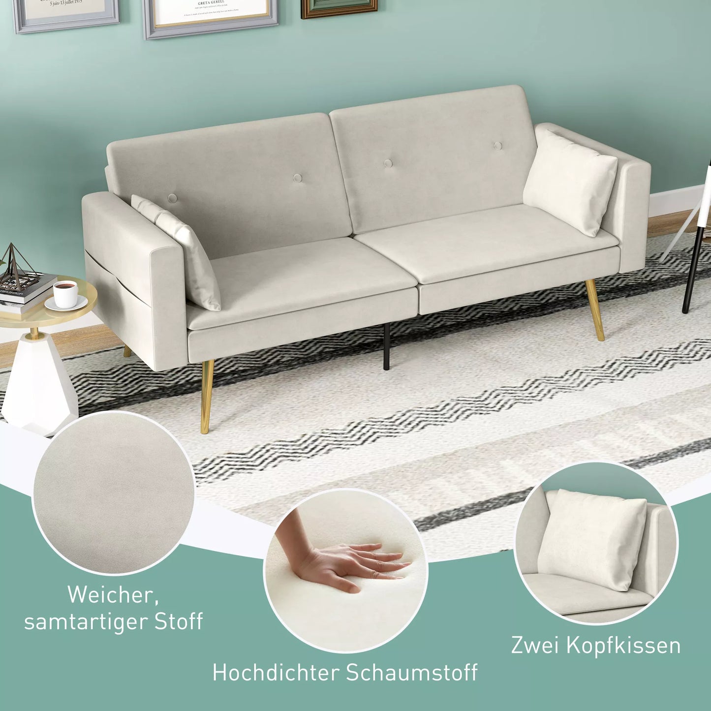 2 vietų sofa-lova, reguliuojama atlošas, minkštos pagalvės, aksominis gobelenas, svetainei, svečių kambariui, smėlio spalvos