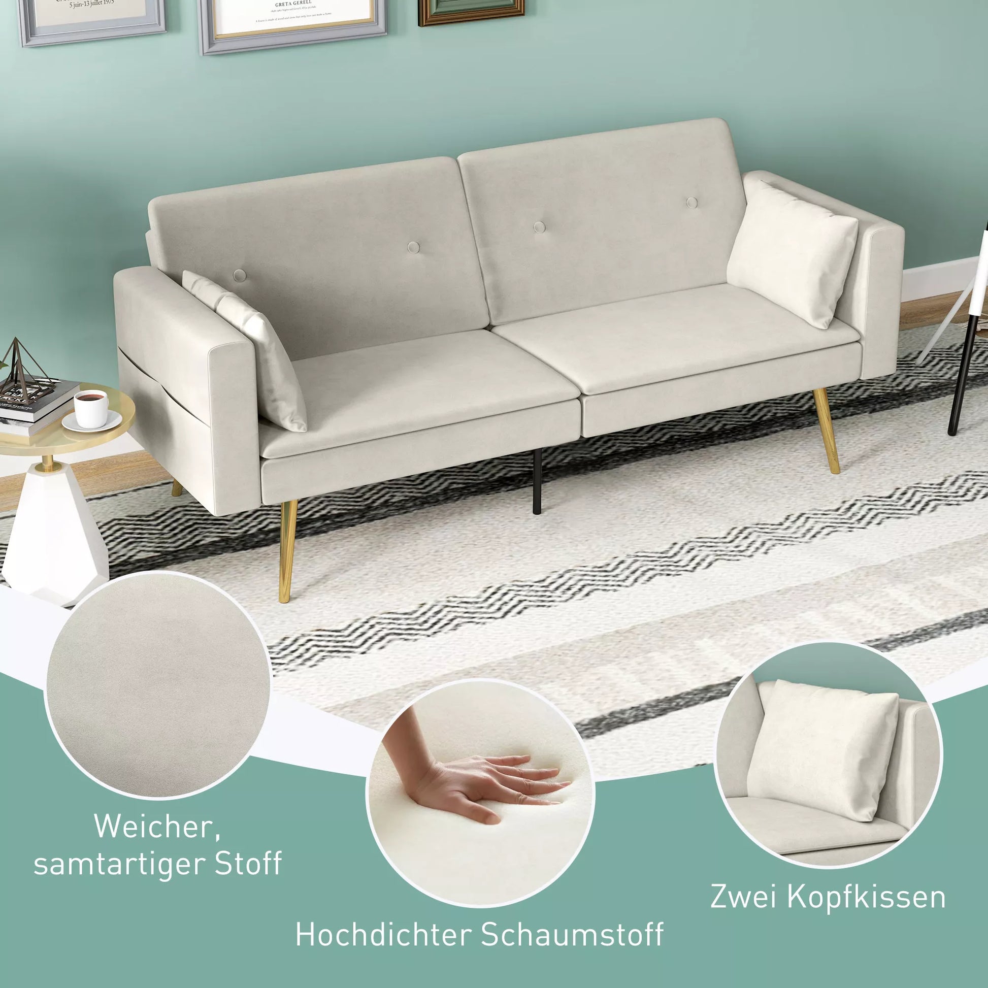 2 vietų sofa-lova, reguliuojama atlošas, minkštos pagalvės, aksominis gobelenas, svetainei, svečių kambariui, smėlio spalvos