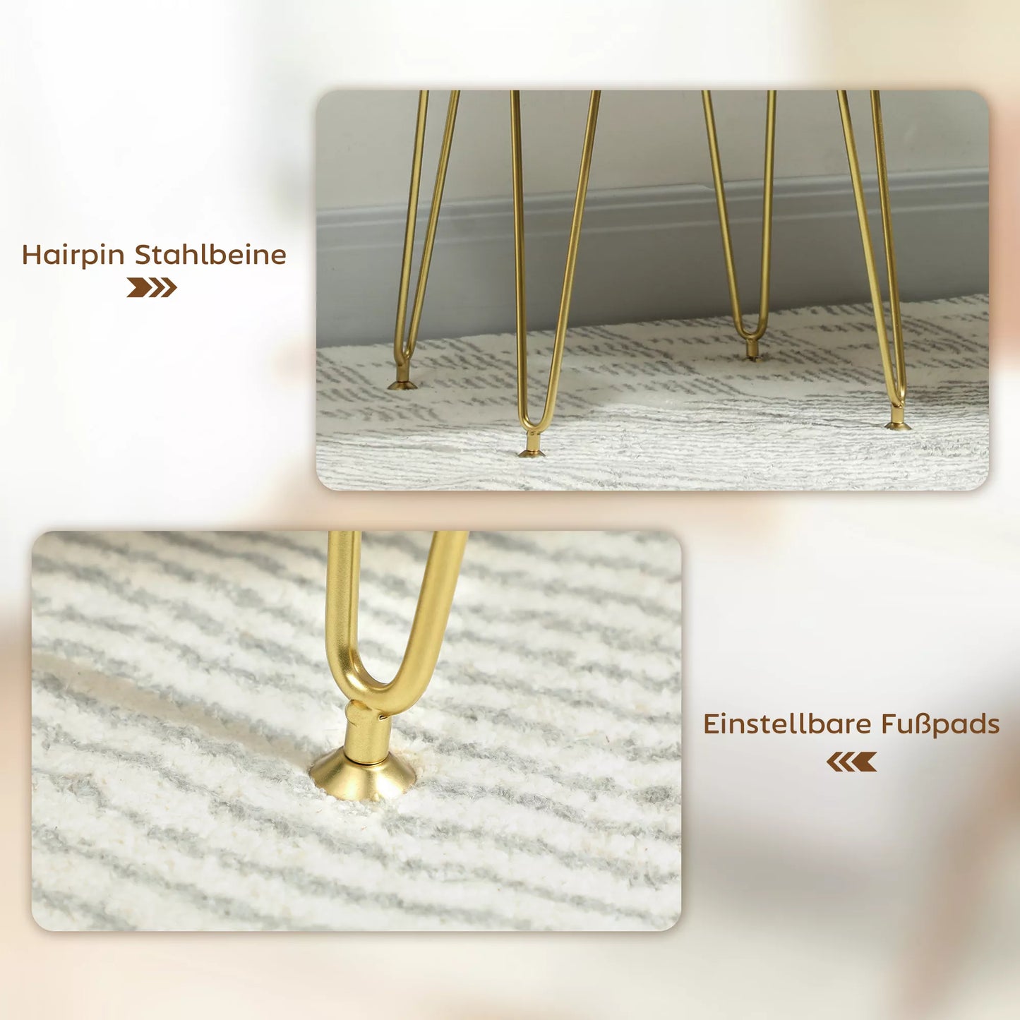 Sėdimoji taburetė, pufas dobilo formos, su audinio apmušalu, plieninėmis kojelėmis, kreminės baltos spalvos