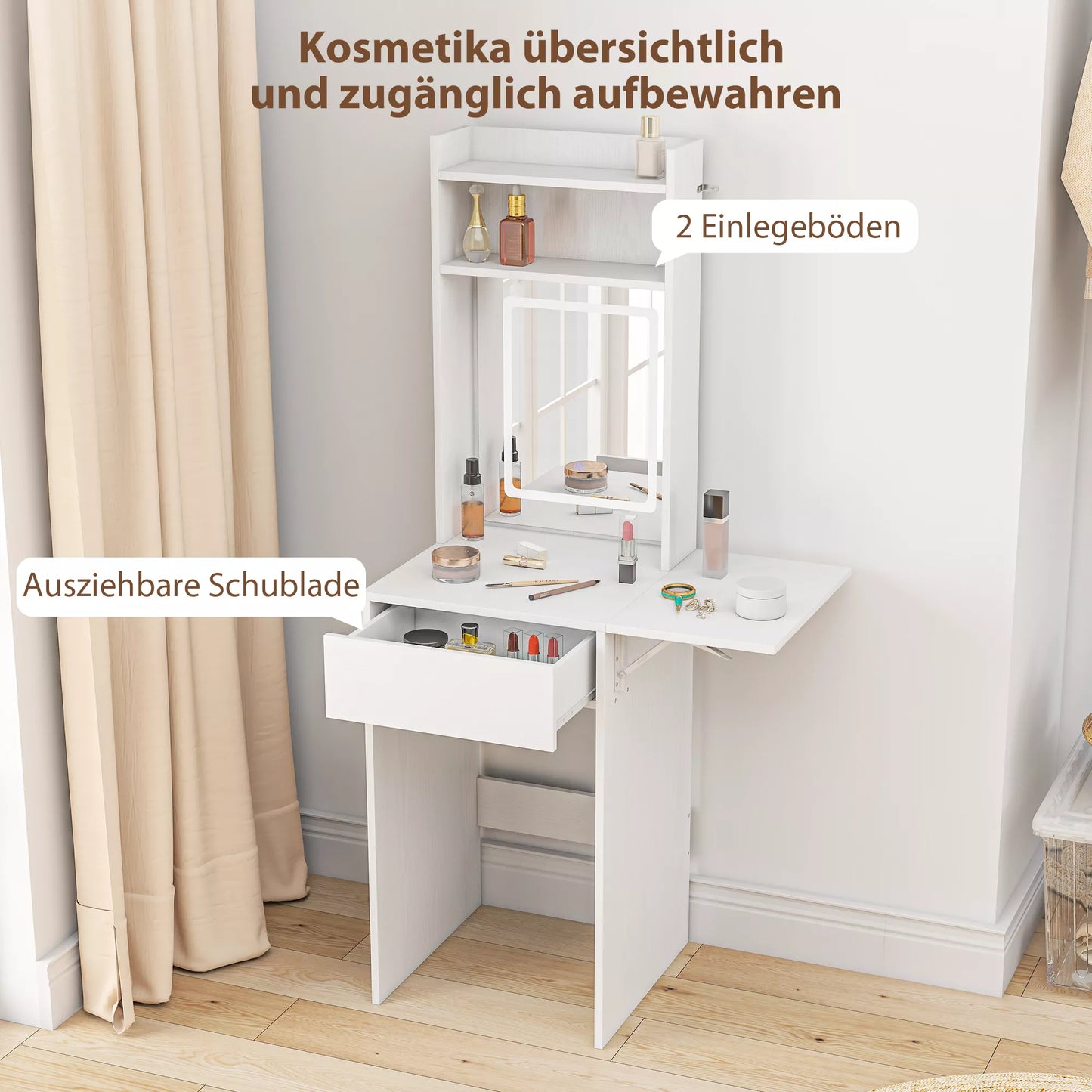 Kompaktiškas tualetinis staliukas su veidrodžiu ir LED apšvietimu, sulankstomas stalviršis, atviros lentynos, stalčius, MDF, baltas