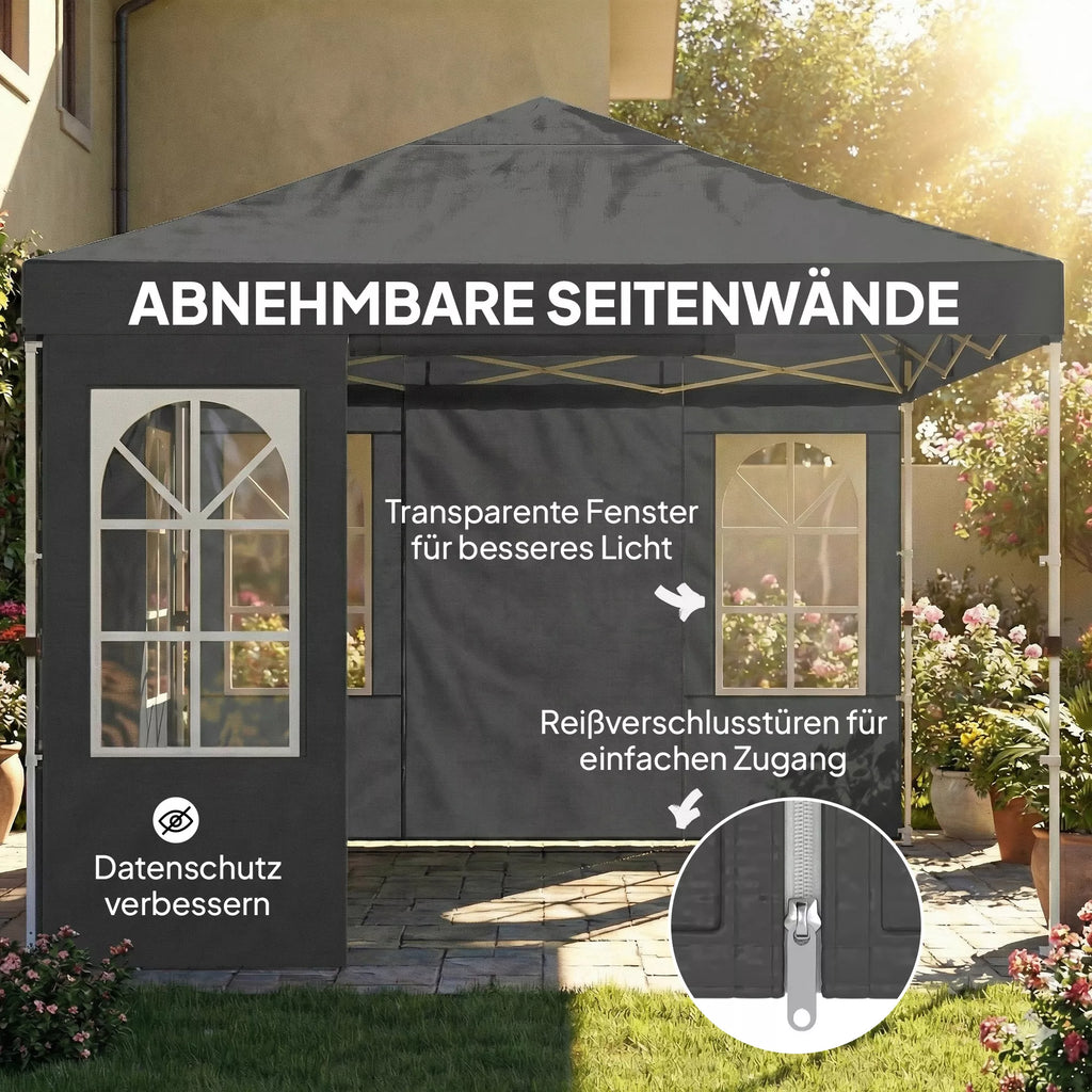 Paviljonas 3x3 m, atsparus vandeniui, stabilus, atsparus žiemai, išskleidžiamas, surenkamas vienu mygtuko paspaudimu, UV 50+, tamsiai pilkos spalvos