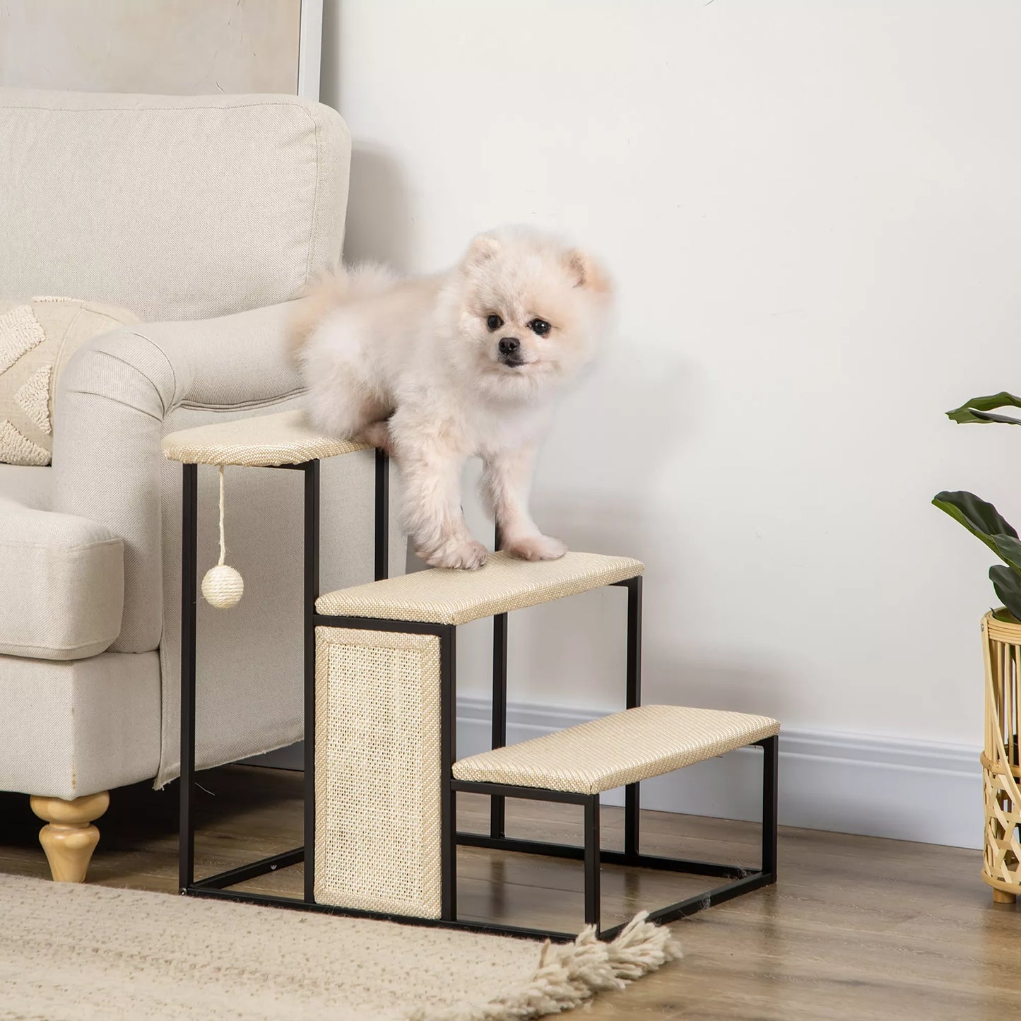 Katės laipteliai su draskykle, 3 pakopos, žaisliukas su kamuoliuku, tvirti, plienas+sisalas, kreminės baltos+juodos spalvos, 51 x 54 x 53cm