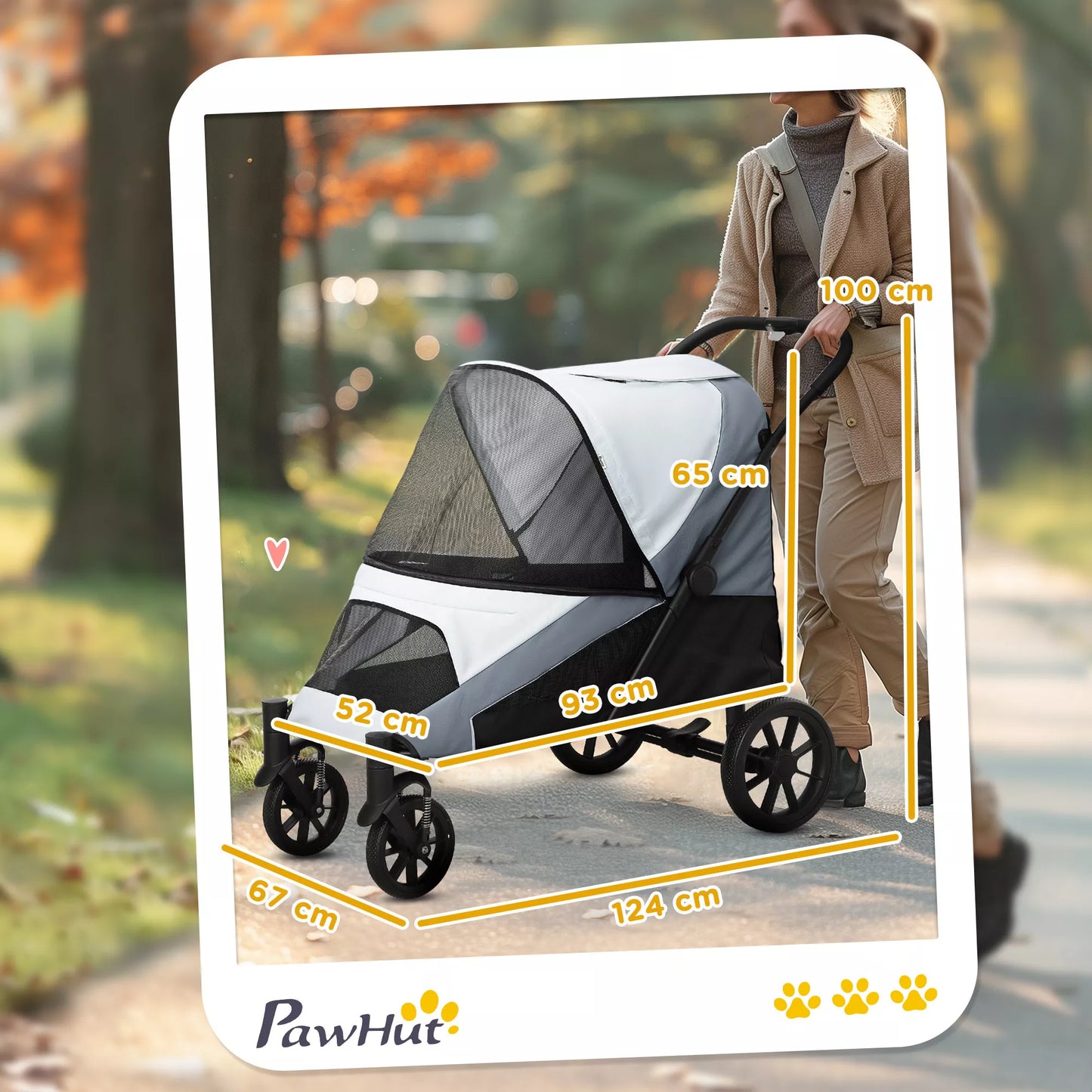 Šunų vežimėlis, sulankstomas vežimėlis dideliems šunims, augintinių vežimėlis su 4 ratais, saugos diržais, stabdžiais, pilkas