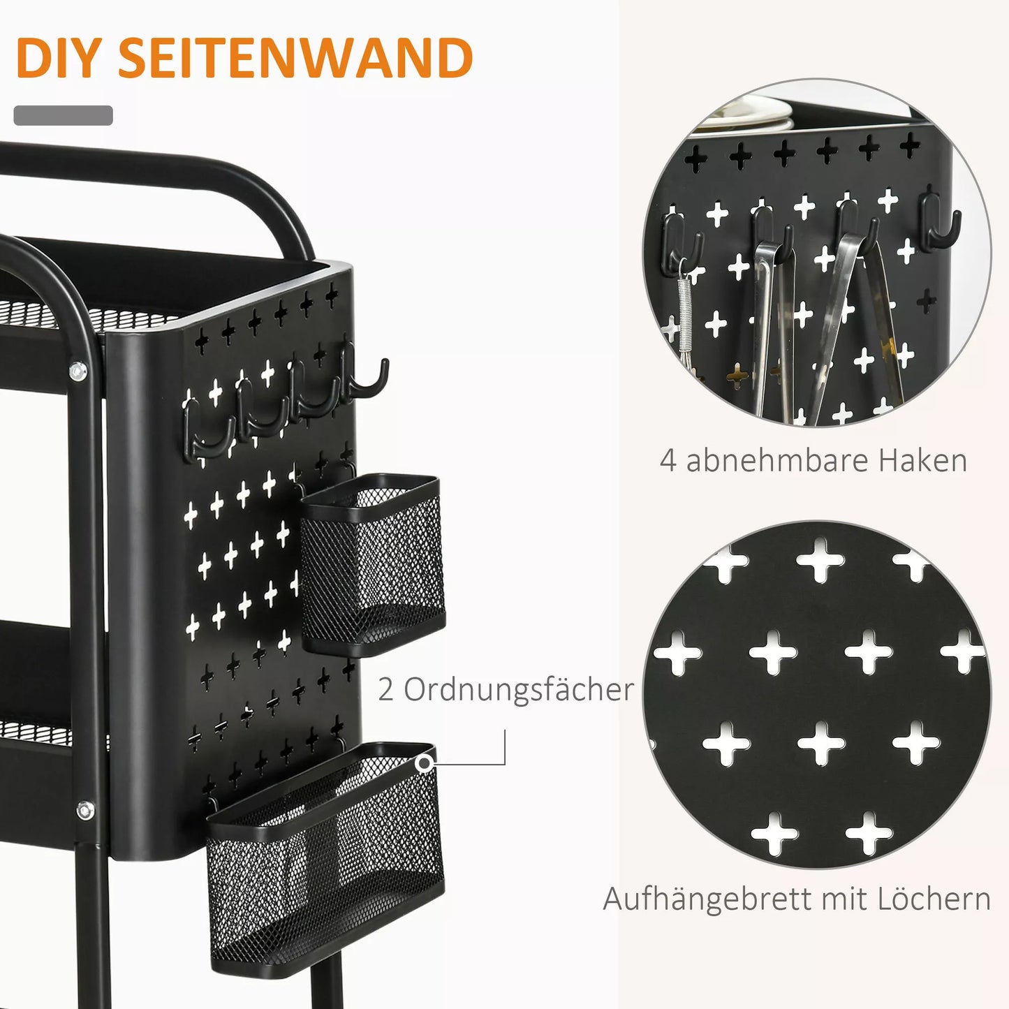 Virtuvės vežimėlis su perforuota lenta, rankšluosčių laikikliu, laikymo krepšiais, juodas