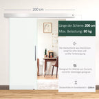 Infografika apie stumdomų duryų sistemas: bėgis 200 cm, 80 kg apkrova