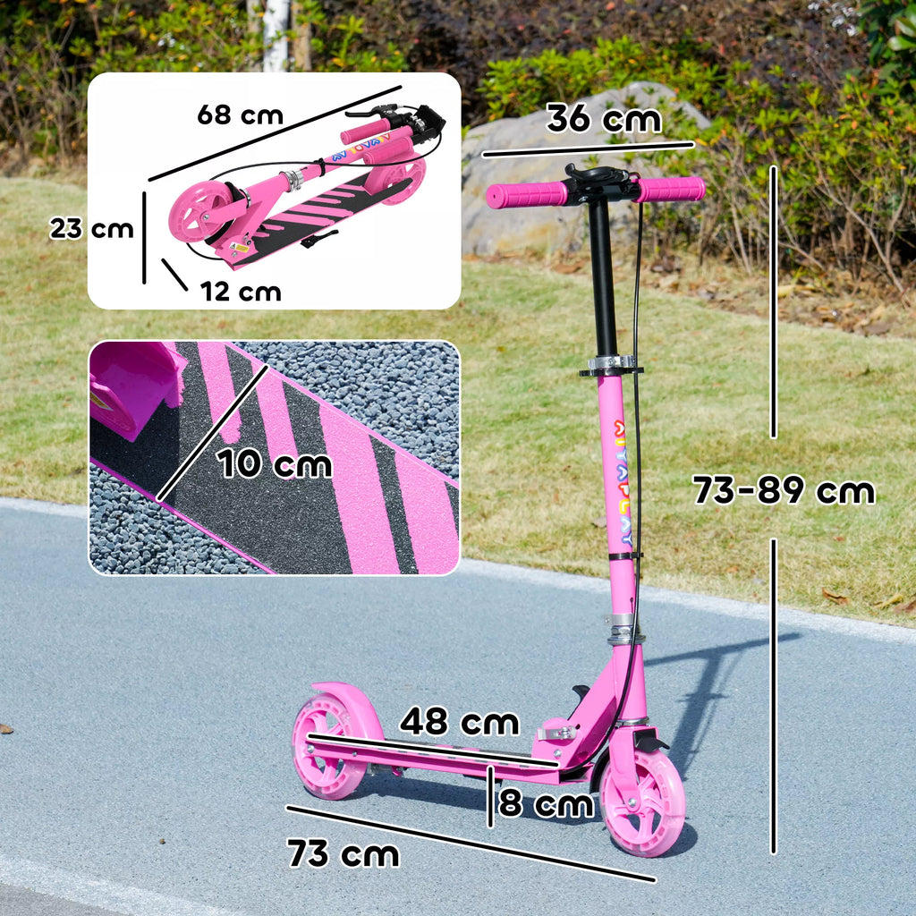Infografika su rožinio paspirtuko matmenimis: ilgis 73 cm, plotis 48 cm, aukštis 73–89 cm