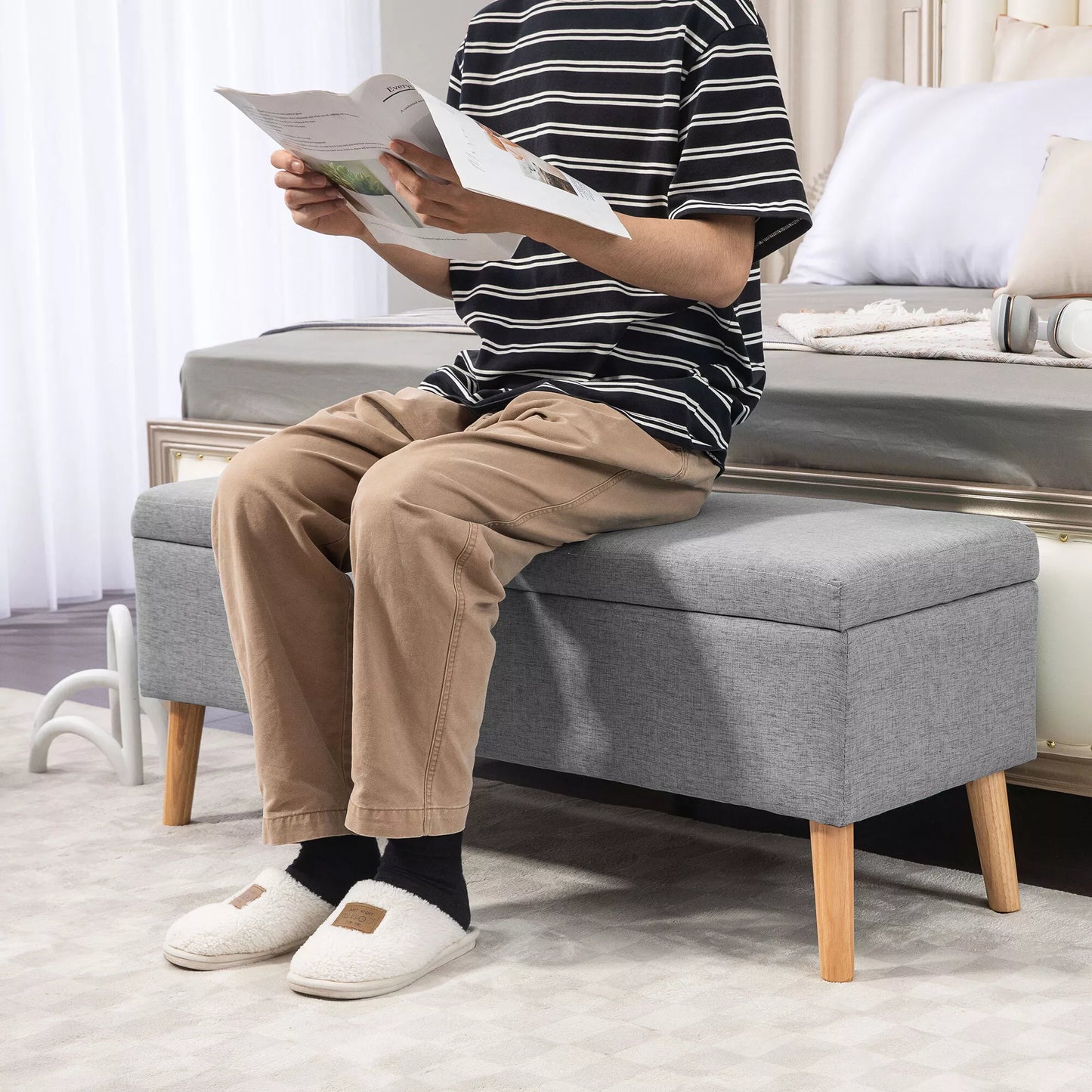 Sėdimoji su daiktadėže, apmušalas su lino imitacija, kaučiuko medienos kojelės, iki 220 kg, 110x39x45cm, pilka