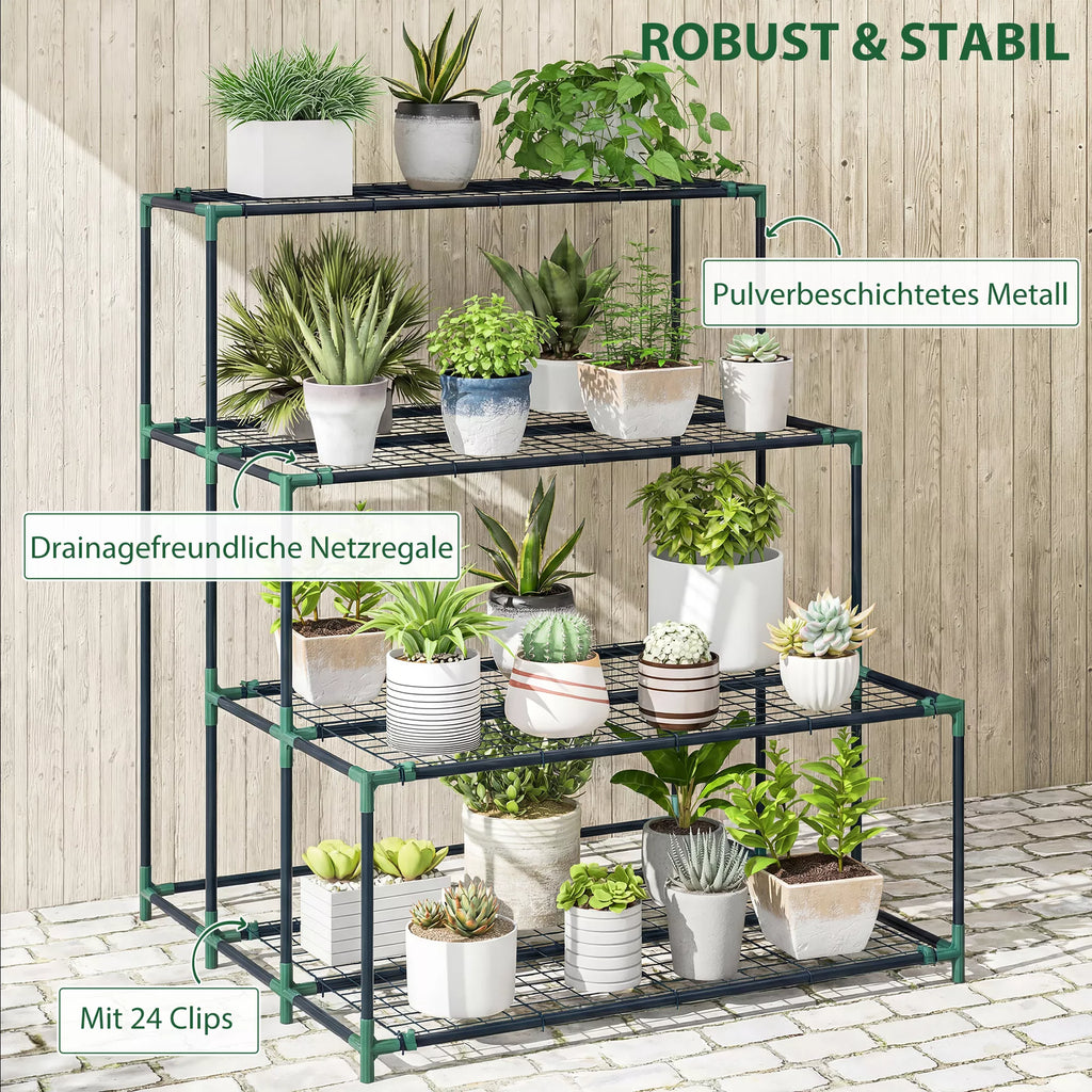 Metalinis gėlių stovas 4 pakopų balkonui ir terasai, 94 x 84 x 110 cm, tamsiai žalios spalvos