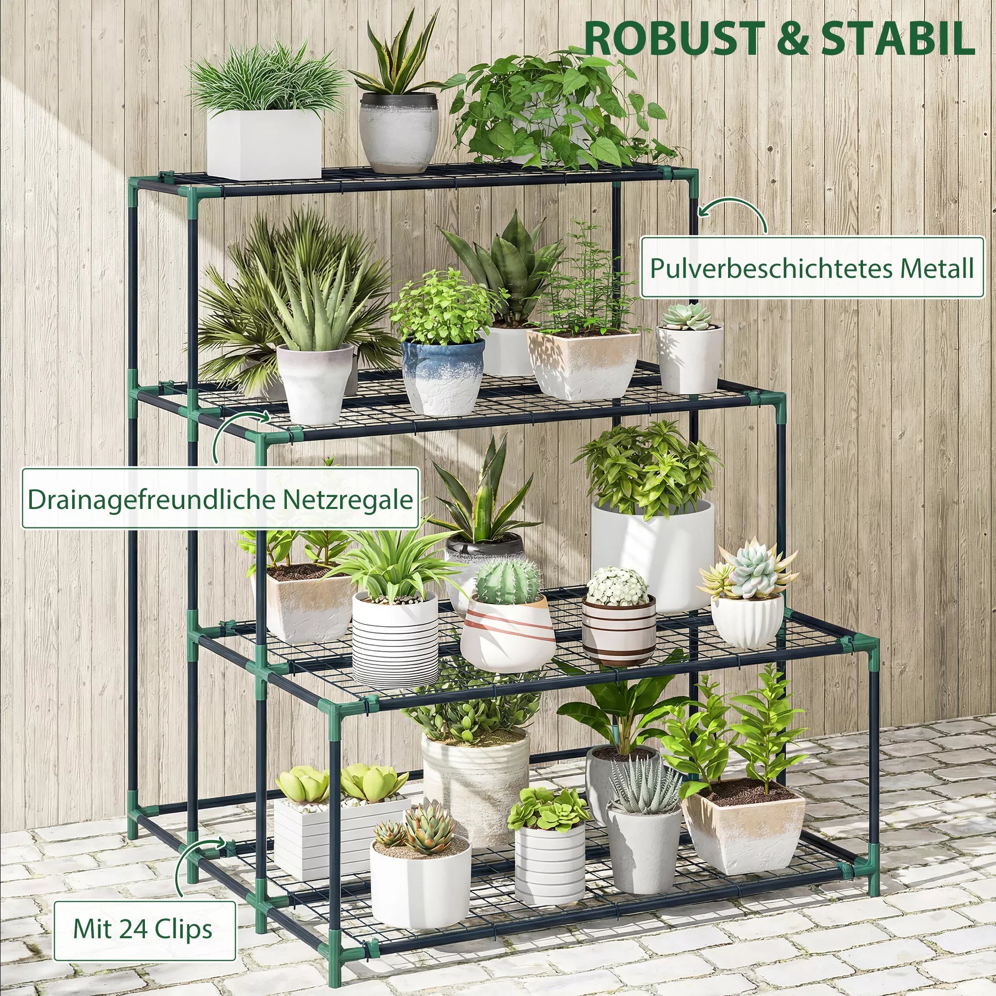 Metalinis gėlių stovas 4 pakopų balkonui ir terasai, 94 x 84 x 110 cm, tamsiai žalios spalvos