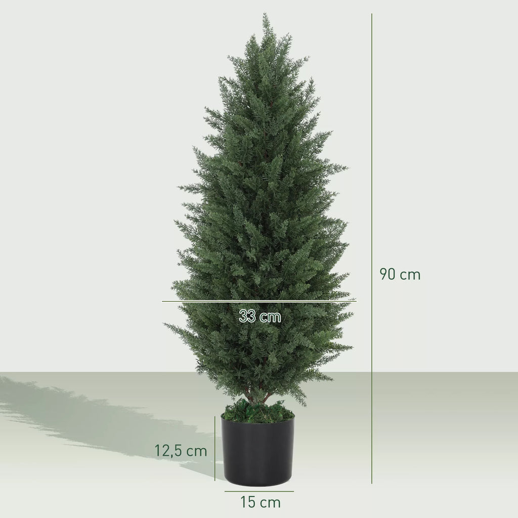 2 vnt. dirbtinių kiparisų rinkinys, dirbtiniai medžiai su 831 lapais, su cementiniu vazonu, atsparūs UV spinduliams, dirbtiniai augalai, 90 cm, žali