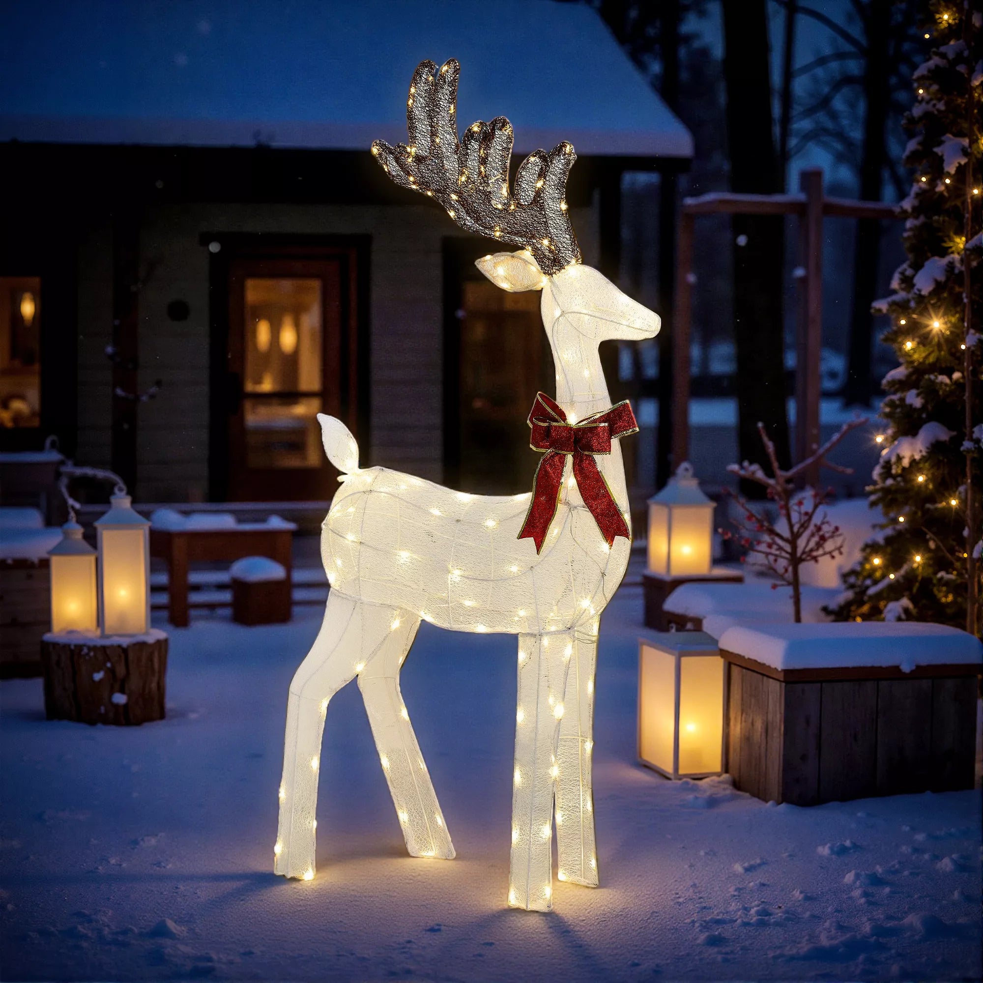 Kalėdų elnias su raudona juostele, 137 LED lemputės, Kalėdinė girlianda, atspari oro sąlygoms, 66 x 25 x 135 cm, sidabrinė