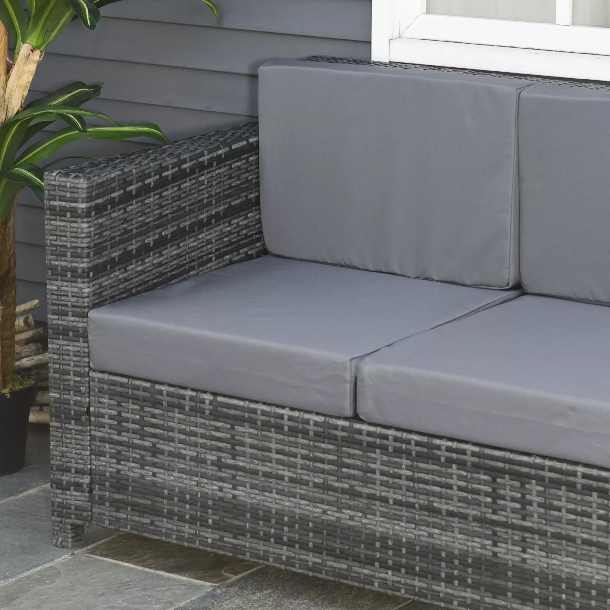 Poli-rotango sofa su pagalvėlėmis, 3 vietų, sodo poilsio sofa, metalas, poliesteris, pilka, 185 x 70 x 80 cm