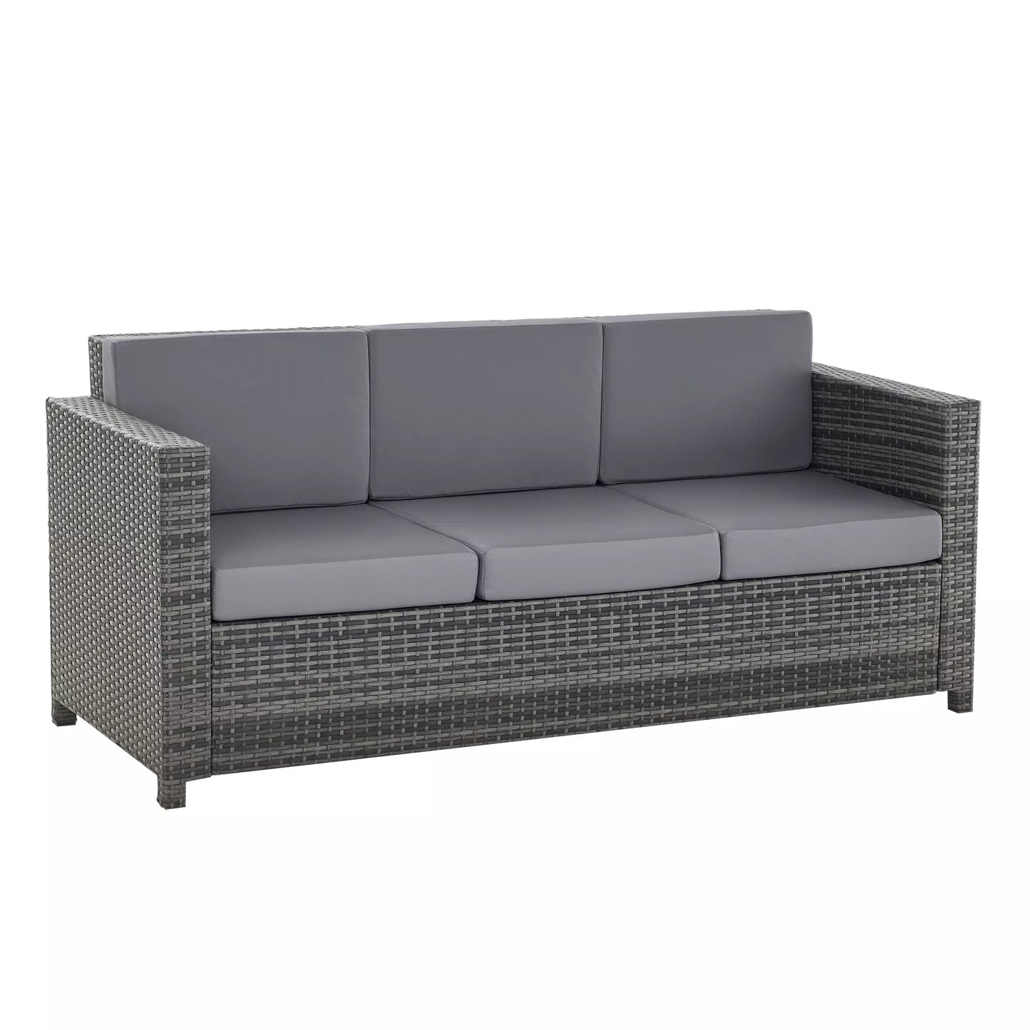 Poli-rotango sofa su pagalvėlėmis, 3 vietų, sodo poilsio sofa, metalas, poliesteris, pilka, 185 x 70 x 80 cm