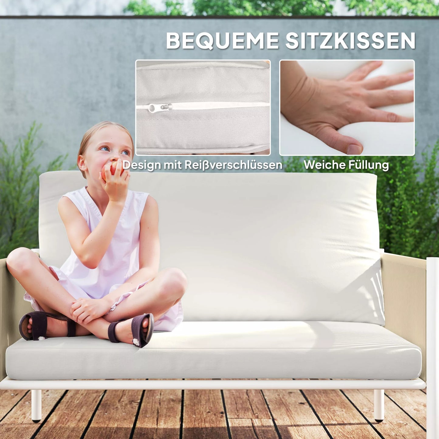 Lauko baldų komplektas iš polirangos, svetainės komplektas su 2 vietų sofa, foteliu, stikliniu staliuku, pagalvėlėmis, 4 žmonėms, ruda+pilka