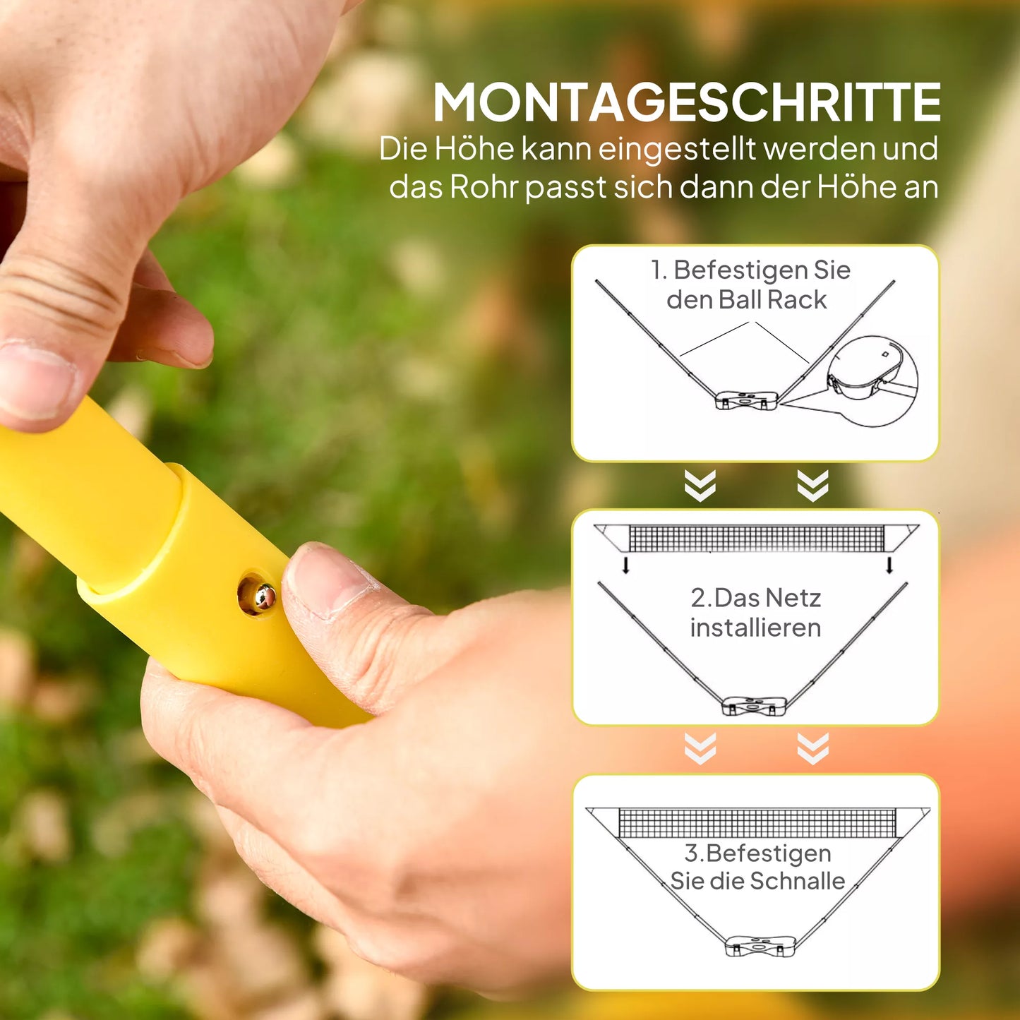 Badmintono tinklas su stovu, nešiojamas tinklo stovas, badmintono tinklas su 4 raketėmis, lauko sportui, geltonai-mėlynas, 286 x 33 x 157 cm