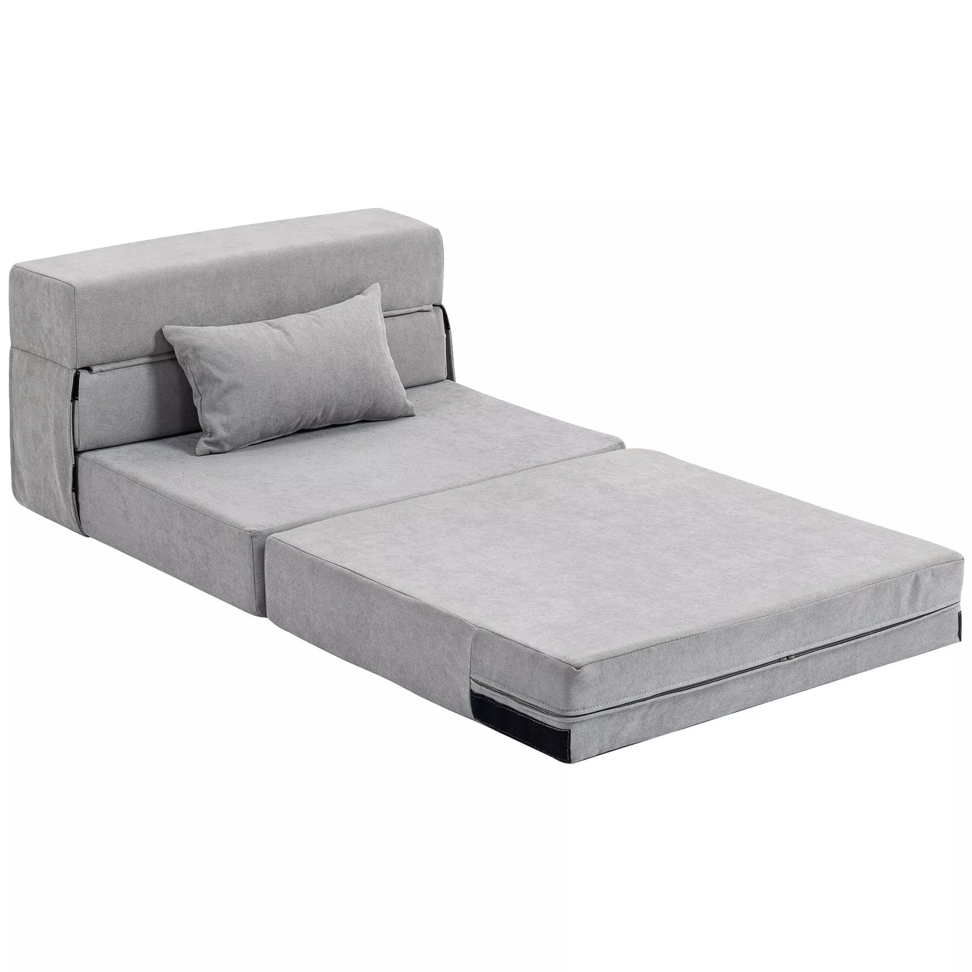 Grindų sofa, minkšta sofa, transformuojama į čiužinį, putplastis, pagalvėlės, šviesiai pilka