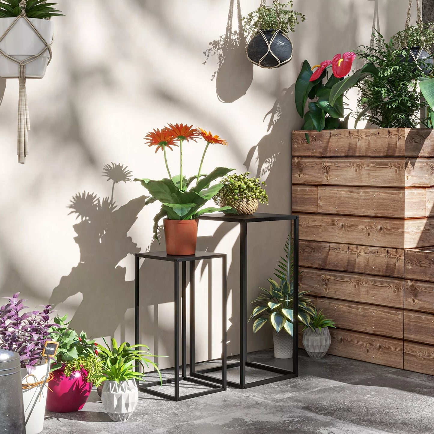 Gėlių stovas, 2 vnt. rinkinys, skandinaviško dizaino, metalinis rėmas, 58,5/65 cm aukštis, juodas