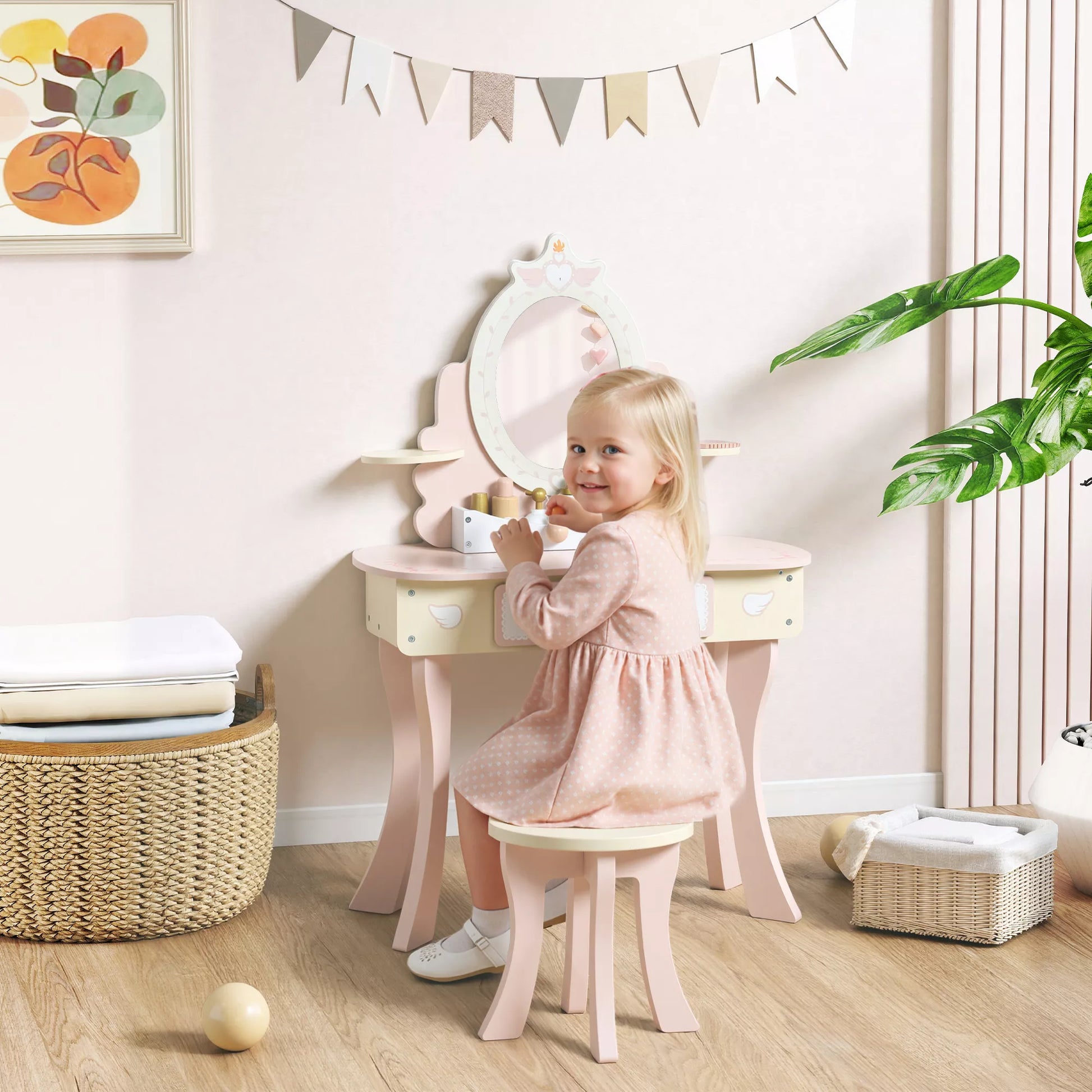 Vaikų tualetinis staliukas, kėdė, stalčius, nuimamas veidrodis, vaikų rašomasis stalas su 7 priedais, 2-in-1 dizainas, MDF, rožinis
