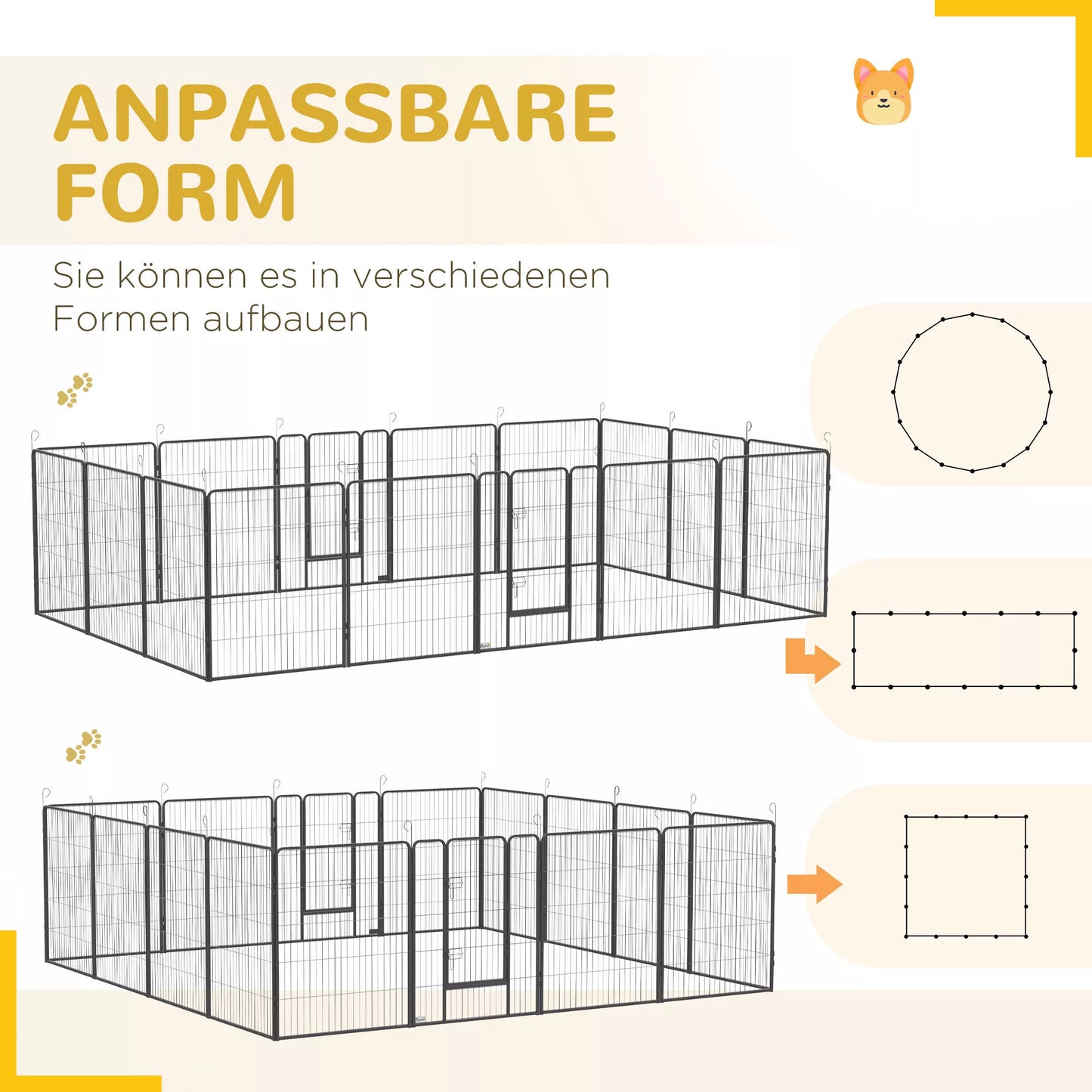 Šuniukų veislynas, modulinis dizainas, 16 elementų, 2 durys, atsparus oro sąlygoms, plienas, 3,2 x 3,2 x 1 m, pilkas