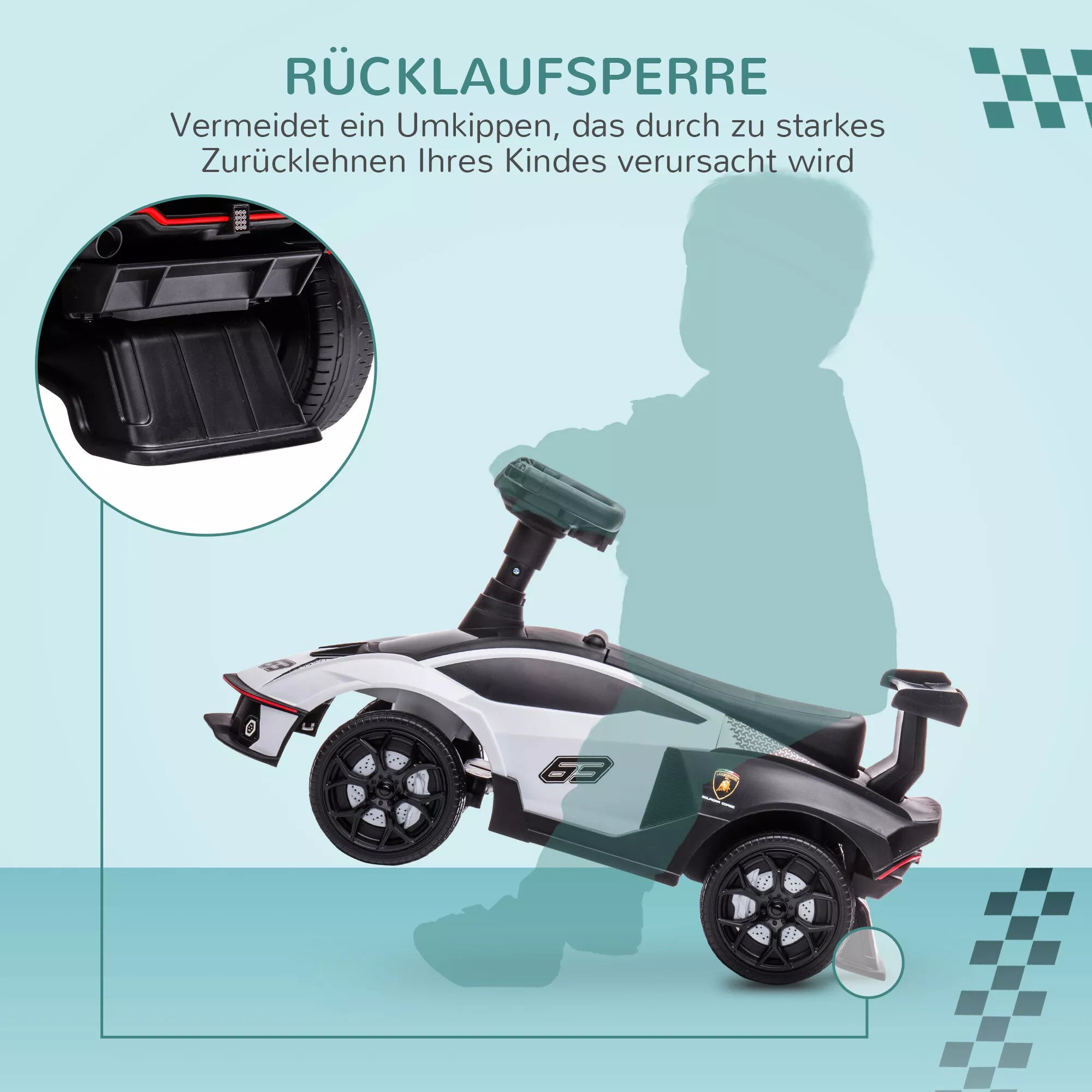 Vaikiškas paspiriamasis automobilis su Lamborghini licencija, su garso efektais, apsauga nuo apvirtimo, 67 cm x 28 x 38 cm