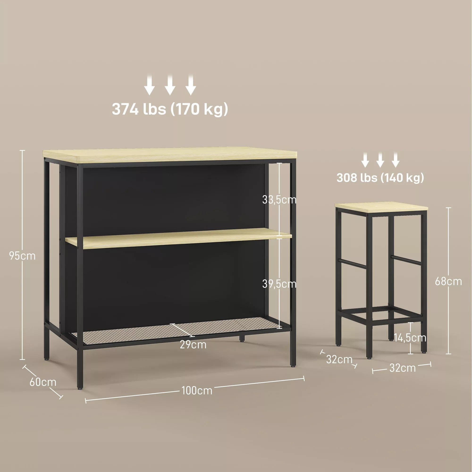 Baras, 2 baro kėdės ir 1 baro stalas, atsparus dėmėms, stabilus, plieninis rėmas, juodas/ąžuolas
