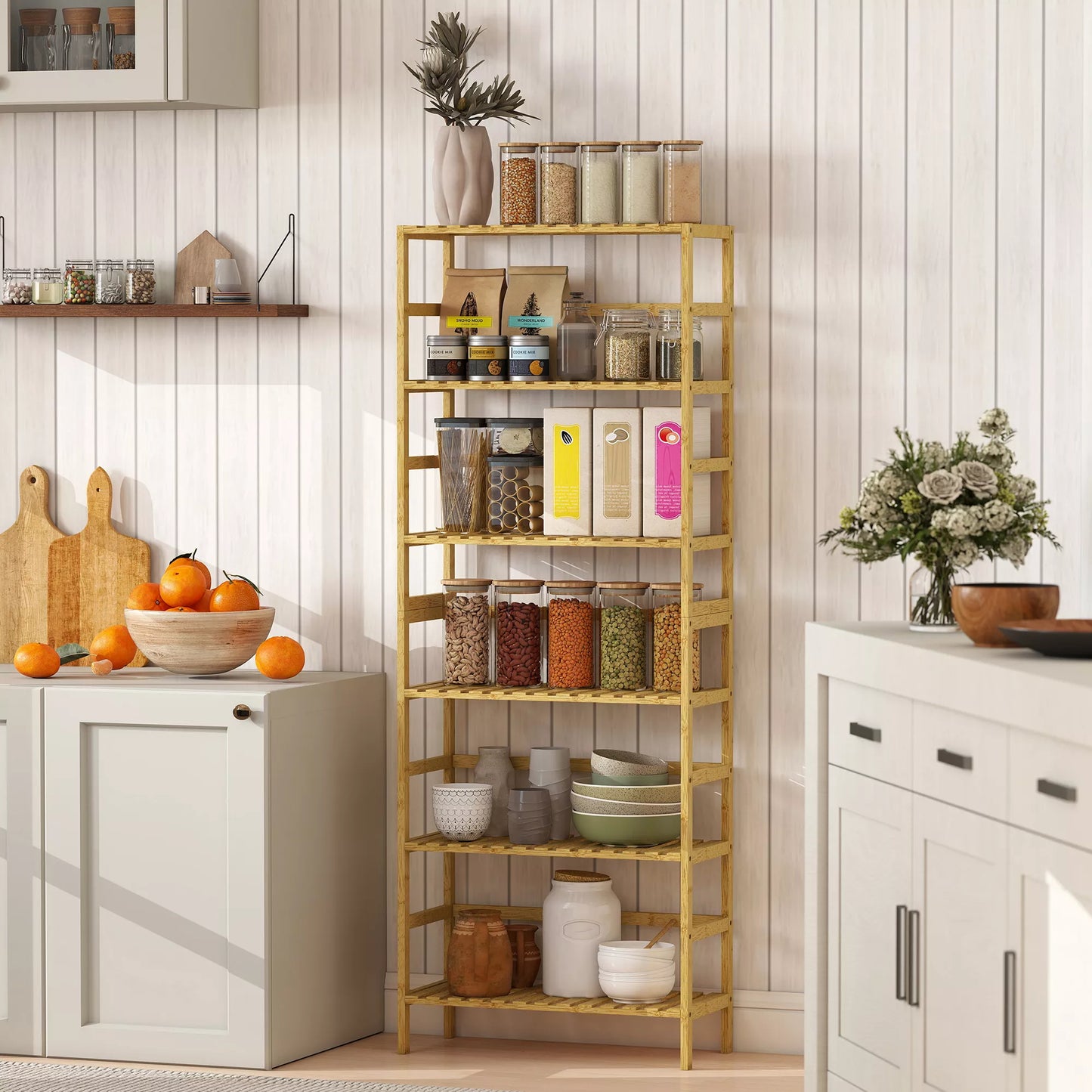 6 lygių bambuko medžio lentynos, reguliuojami lentynų aukščiai, laisvai stovinti lentynų sistema, natūralaus medžio