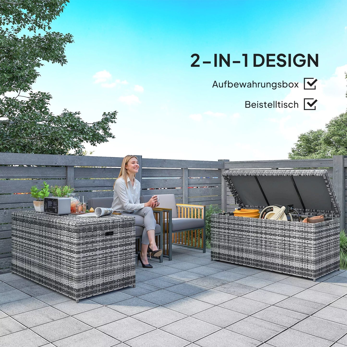 Rataninė 380L lauko daiktų dėžė, atspari oro sąlygoms, su dangčiu, sandėliavimui, UV spinduliams atspari, 130 x 61 x 65 cm, tamsiai pilka