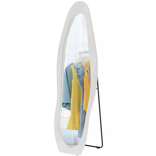 Viso kūno veidrodis, banguotos formos, 160 x 50 cm, laisvai pastatomas, aksominio stiliaus rėmo apdaila, tinka miegamajam, svetainei, baltas