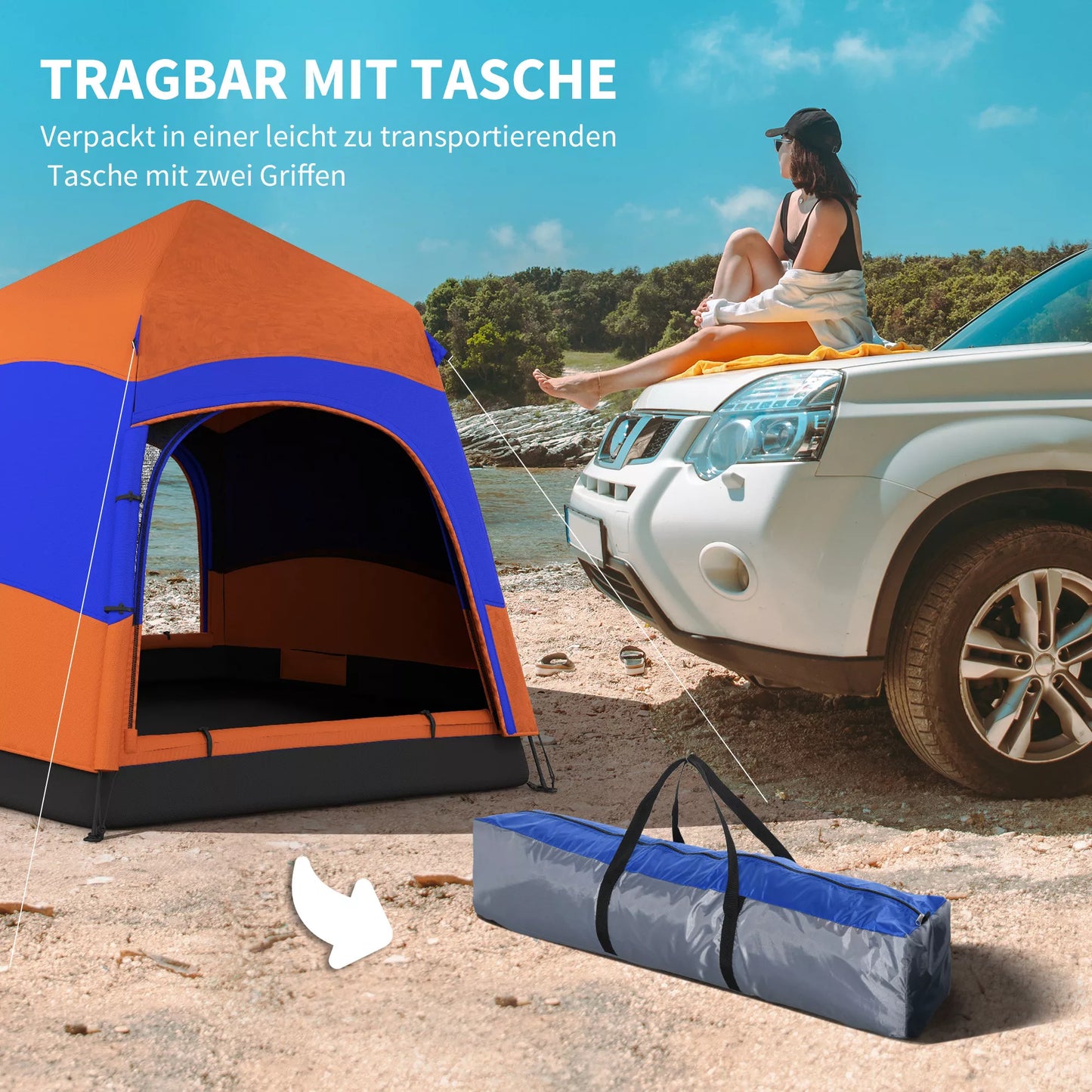 Dvisluoksnė momentinė pop-up palapinė su apsauga nuo lietaus, lauko šeimos palapinė 4 žmonėms, neperšlampama šešiakampė visų metų kupolinė palapinė su dugno danga, 2 durimis, uodų tinkleliu, nešiojimo krepšiu, oranžinė