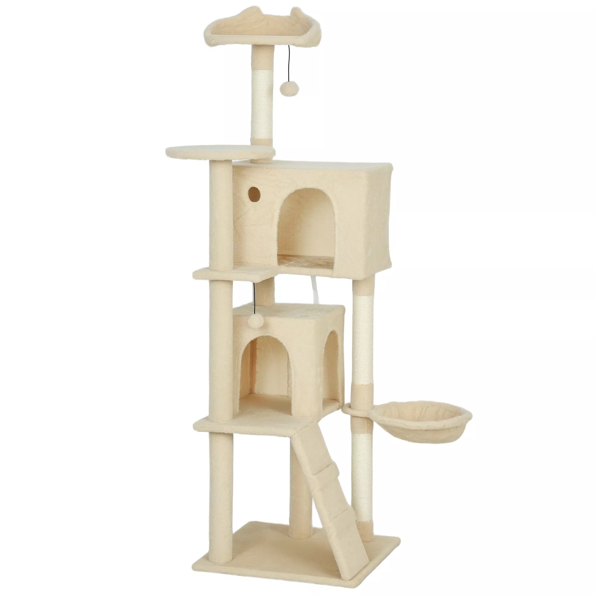 Kačių draskyklė 160 cm Kačių bokštas su hamaku, kopėčiomis, guoliu, 2 pliušiniais kamuoliukais, sizalio stiebais, 48 x 48 x 160 cm, smėlio spalvos