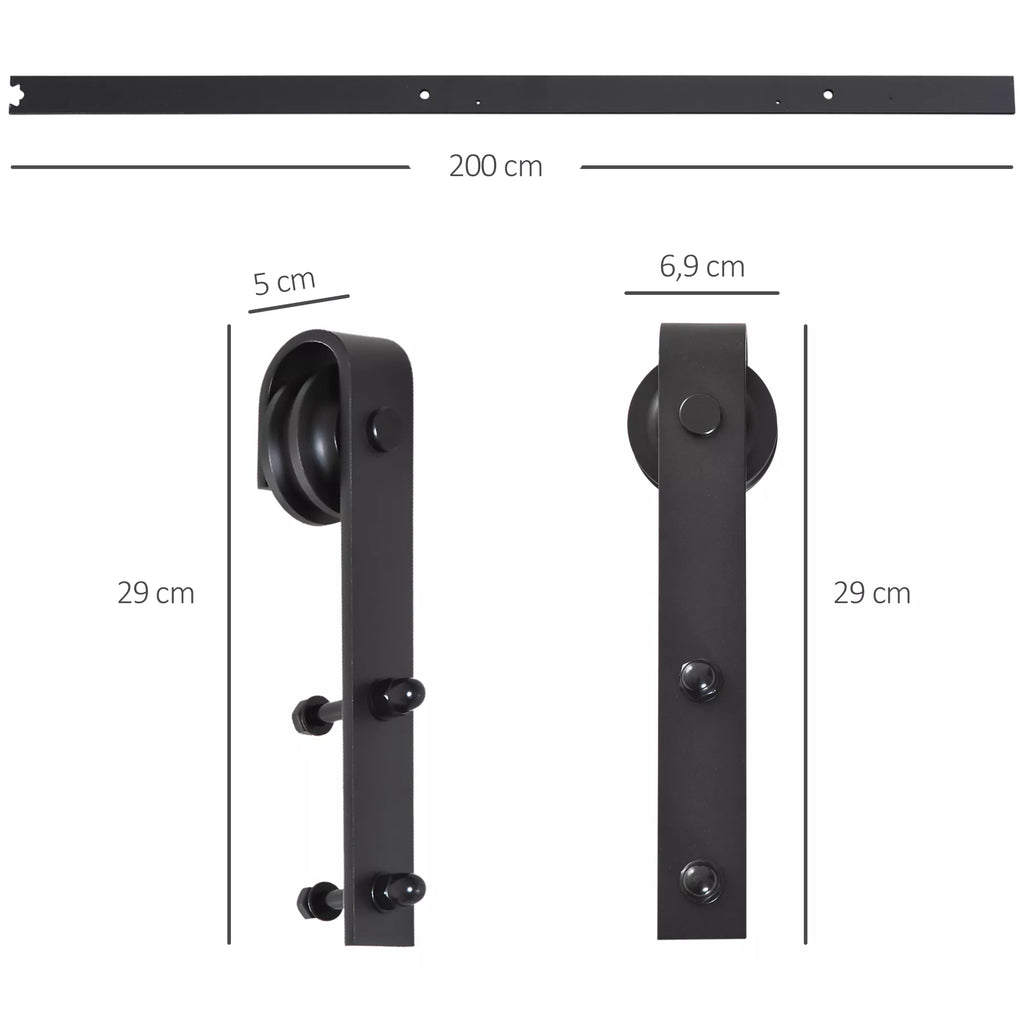 Slankiklių komplektas stumdomoms durims, iki 90 kg, anglies plienas, 200 cm, juoda, įsk. įrankius