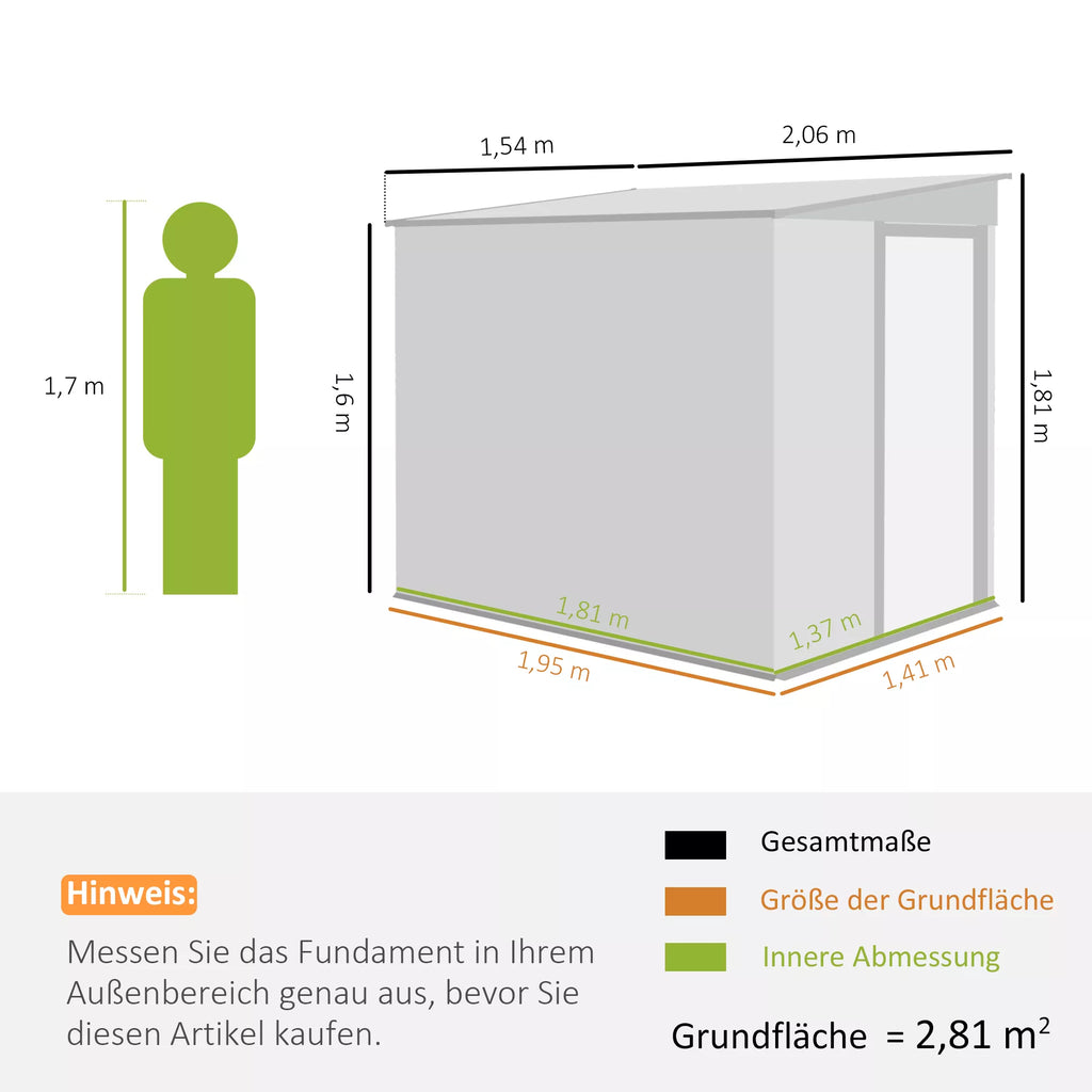 Metalinis įrankių sandėliukas 2,81 m² 154 x 206,5 x 181 cm Įrankių sandėliukas su vienšlaičiu stogu Pamatinis