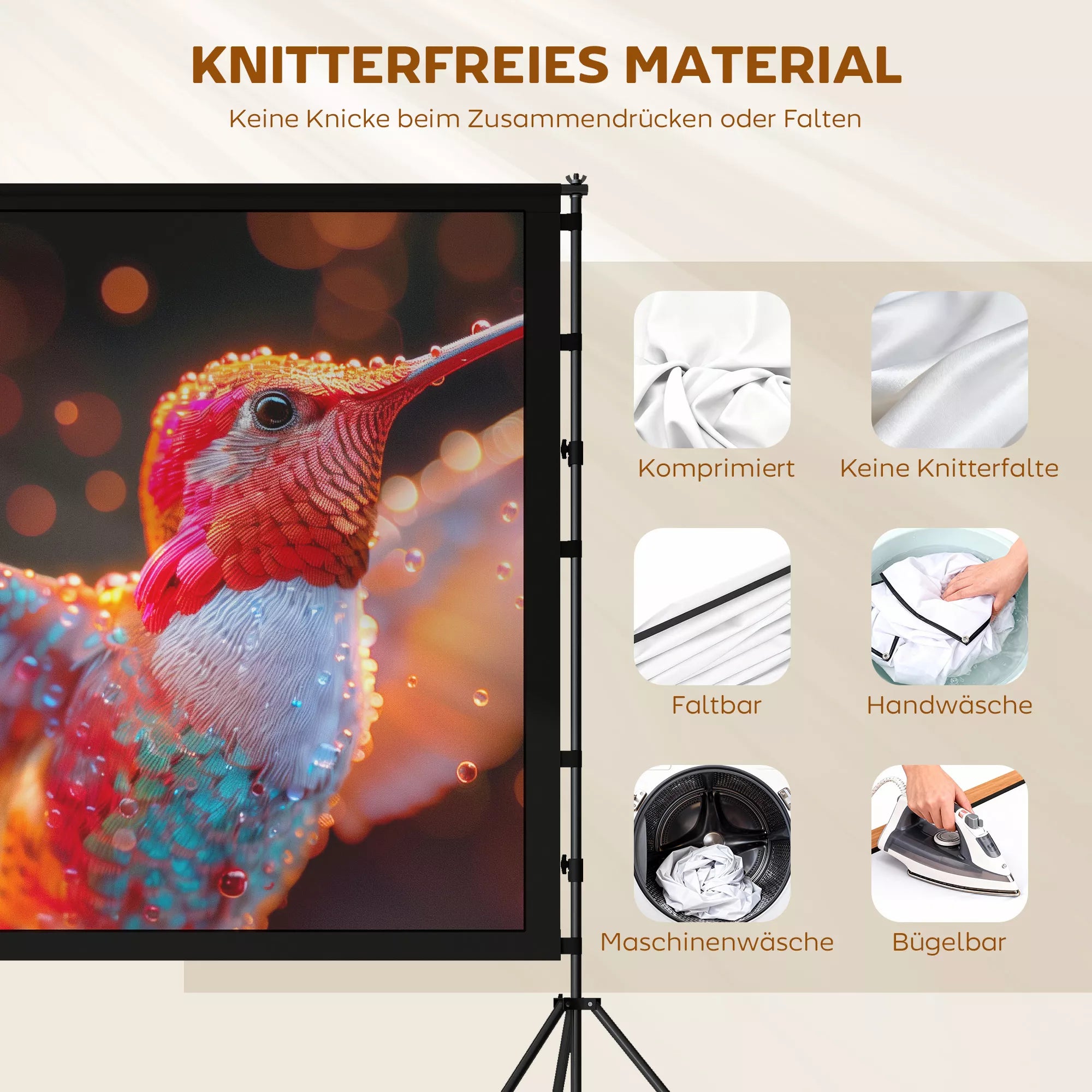 100 colių 16:9 HD 4K/8K projektoriaus ekranas su stovu, nešiojamas dvipusis ekranas su sulankstomais trikojiais, baltas