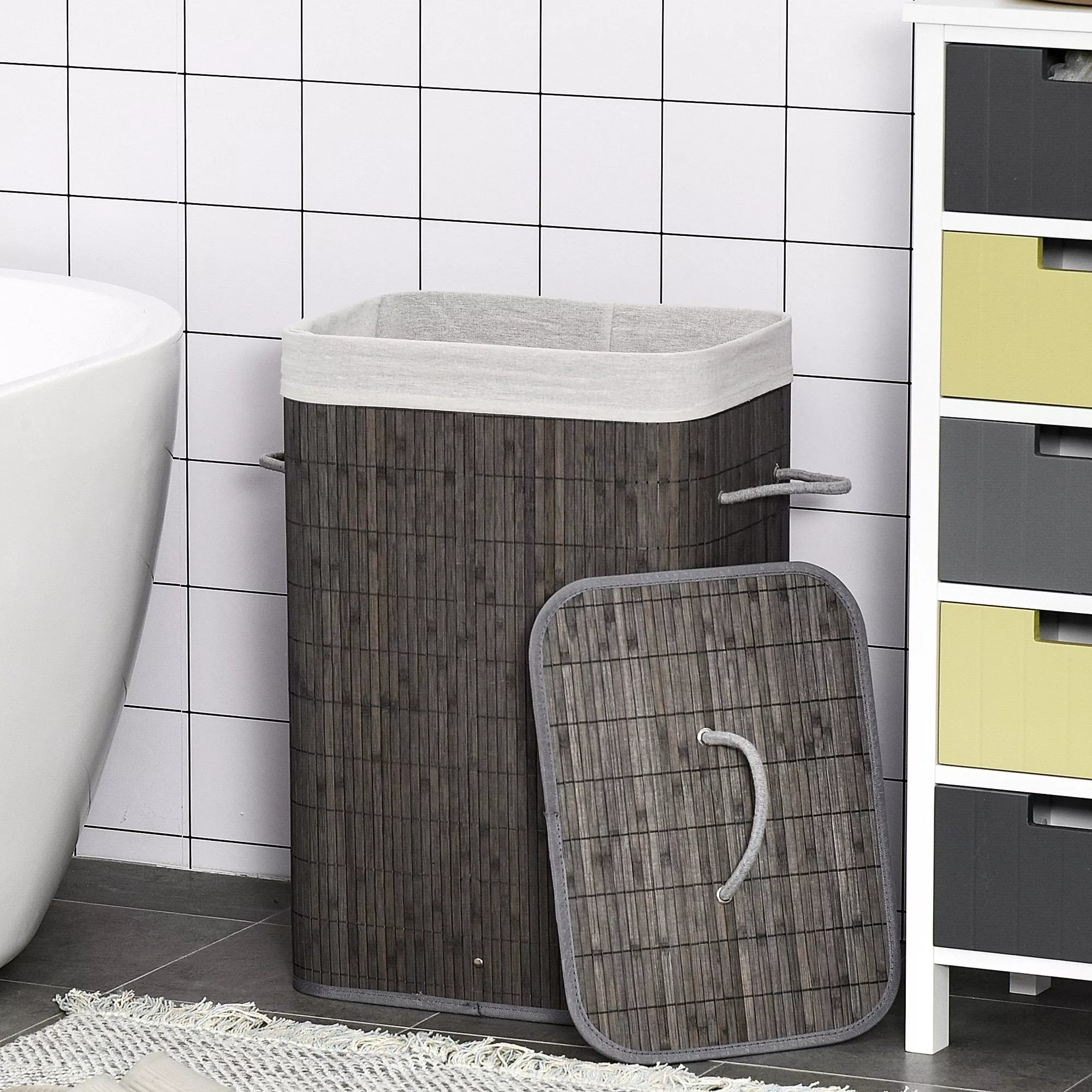 HOMCOM Skalbinių krepšys su rankenomis ir skalbinių maišeliu, kurį galima skalbti, rotango, poliesterio, medvilnės, metalo, 43I x 32P x 61A cm, pilkas