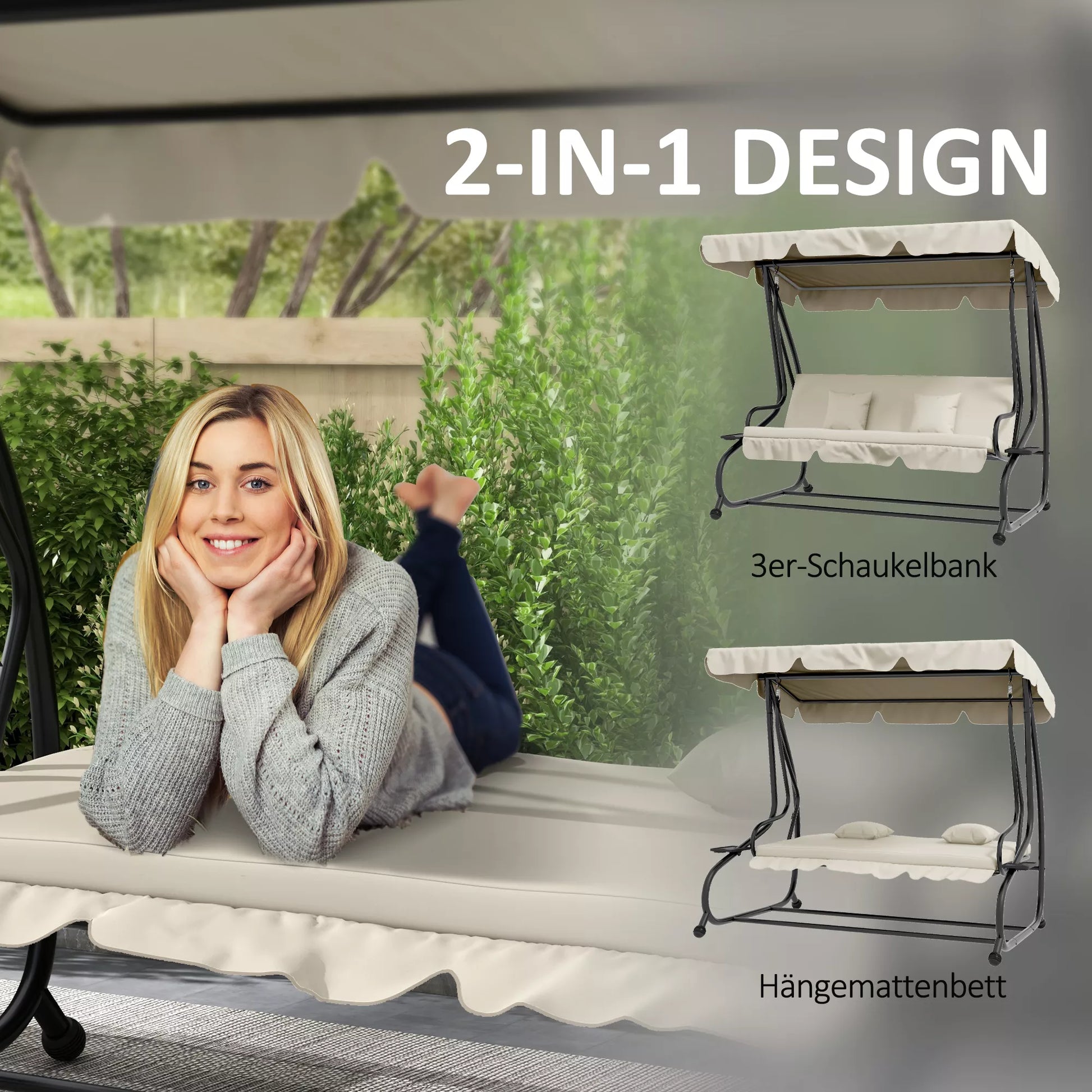 2-in-1 Hollywood šūvis su atlošimo funkcija, reguliuojamas stogas, iki 340 kg, plienas, 200x120x164 cm, kreminė balta