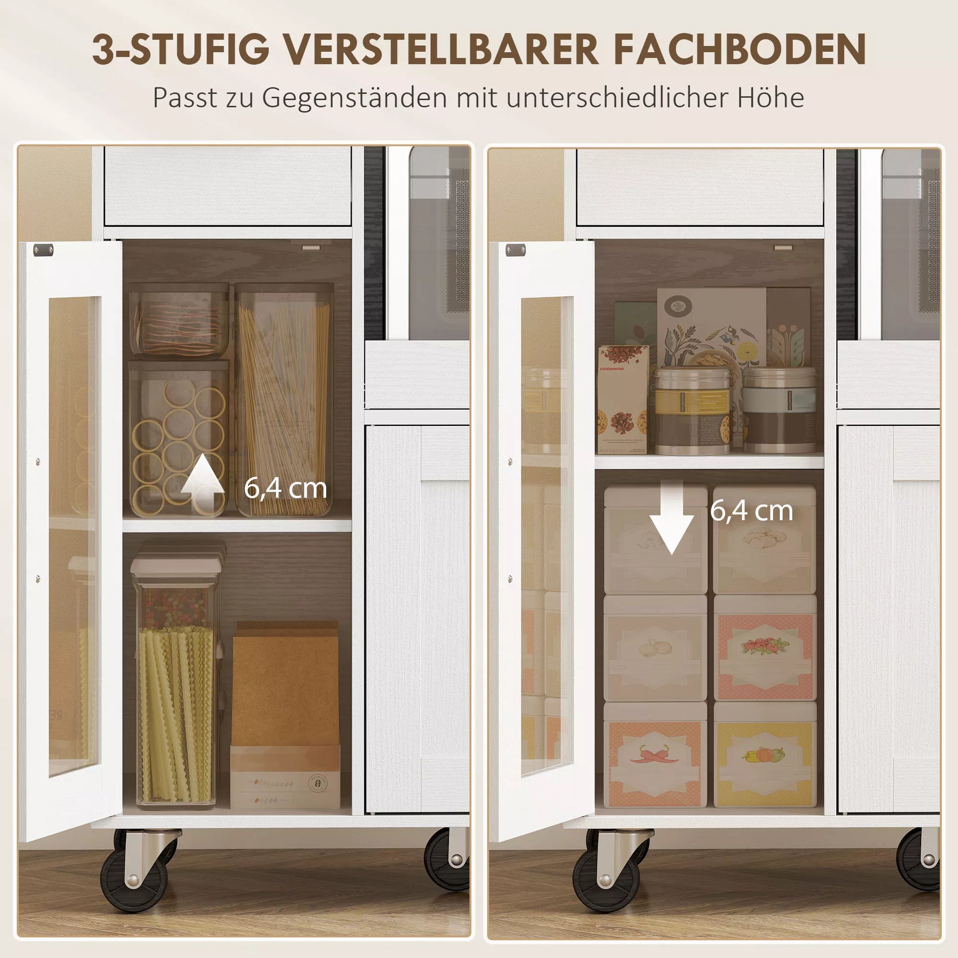 Virtuvės spintelė ant ratukų, mobili virtuvės komoda su lentynomis, stalčiais, reguliuojama lentyna, kabelio anga, balta