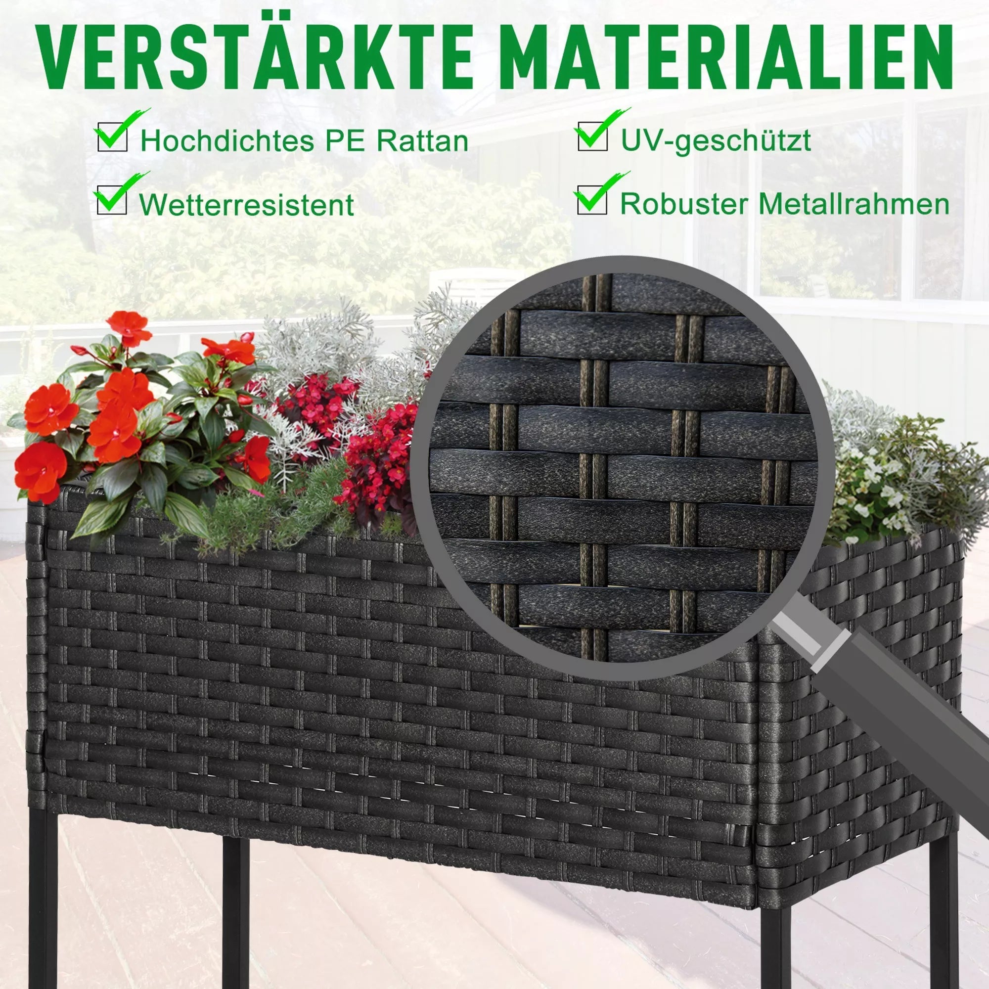 Pakelta gėlių lysvė, gėlių dėžė, gili dėžė, metalinis rėmas / poliratanas, 70 x 30 x 70 cm, tamsiai ruda