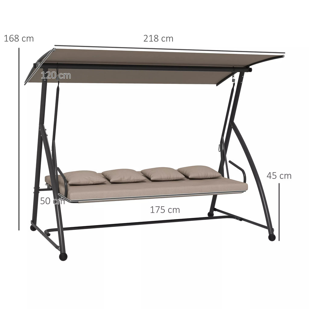 2-in-1 holivudo sūpynės su atlošimo funkcija, 3-vietės sodo sūpynės iš plieno Sūpynės suoliukas 170x110x153 cm, šviesiai rudos spalvos
