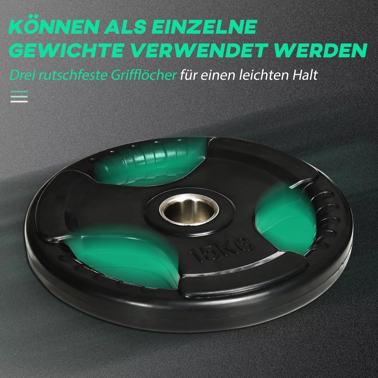 Hantelio diskas, 2 vnt. rinkinys, po 15 kg diskui, trys rankenos, grindims draugiškas guminis apvalkalas, metalas