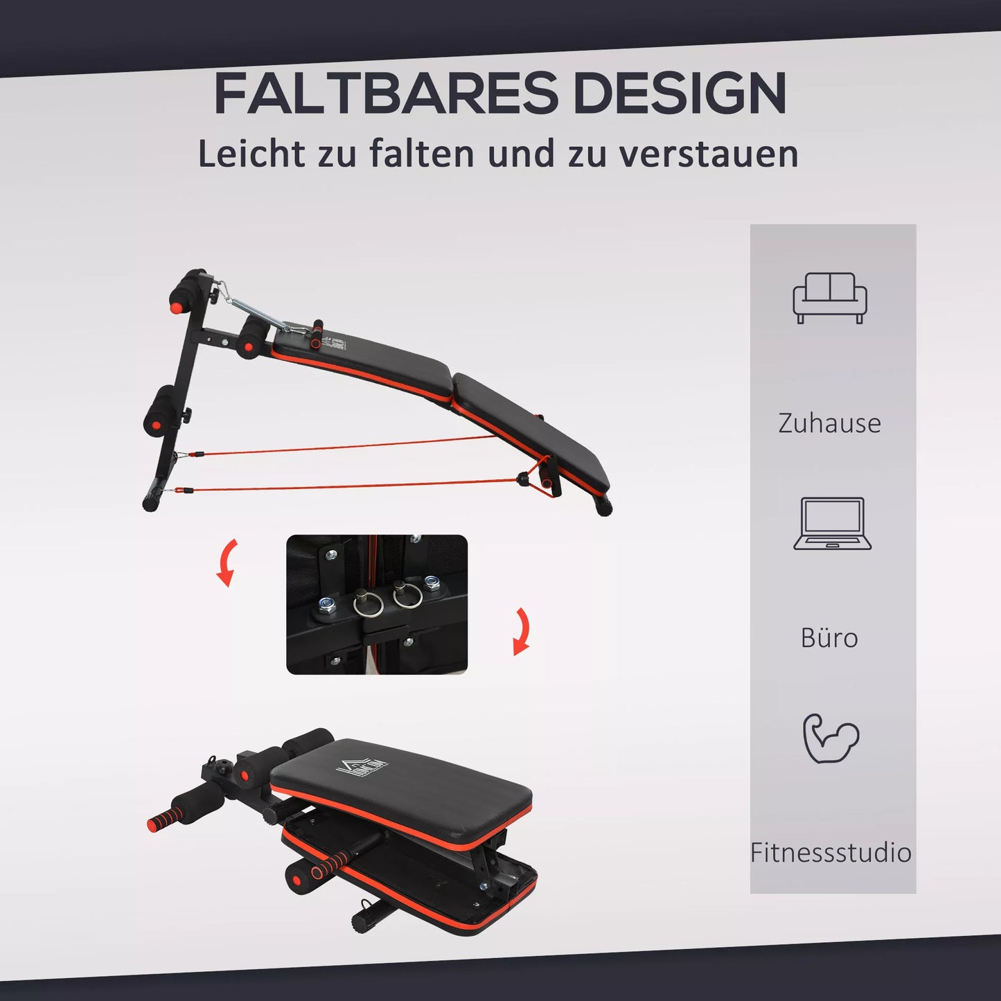 Treniruočių suolas pilvo presui su treniruočių virvėmis, daugiafunkcis, reguliuojamas ir sulankstomas, 110 kg keliamoji galia, plienas, juoda+raudona, 137 x 51 x 50-66 cm
