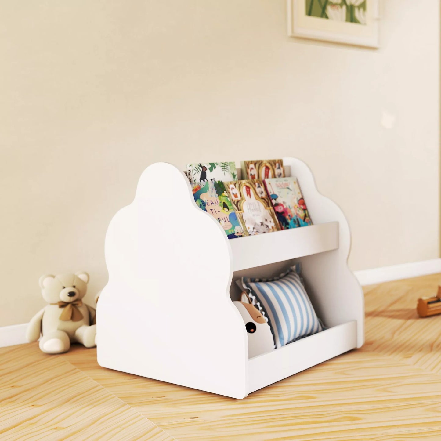 Vaikiška knygų lentyna, 2 aukštų vaikiška knygų lentyna su ratukais, 4 lentynos, skirta vaikų darželiui, žaidimų kambariui, 54x50x56 cm, balta