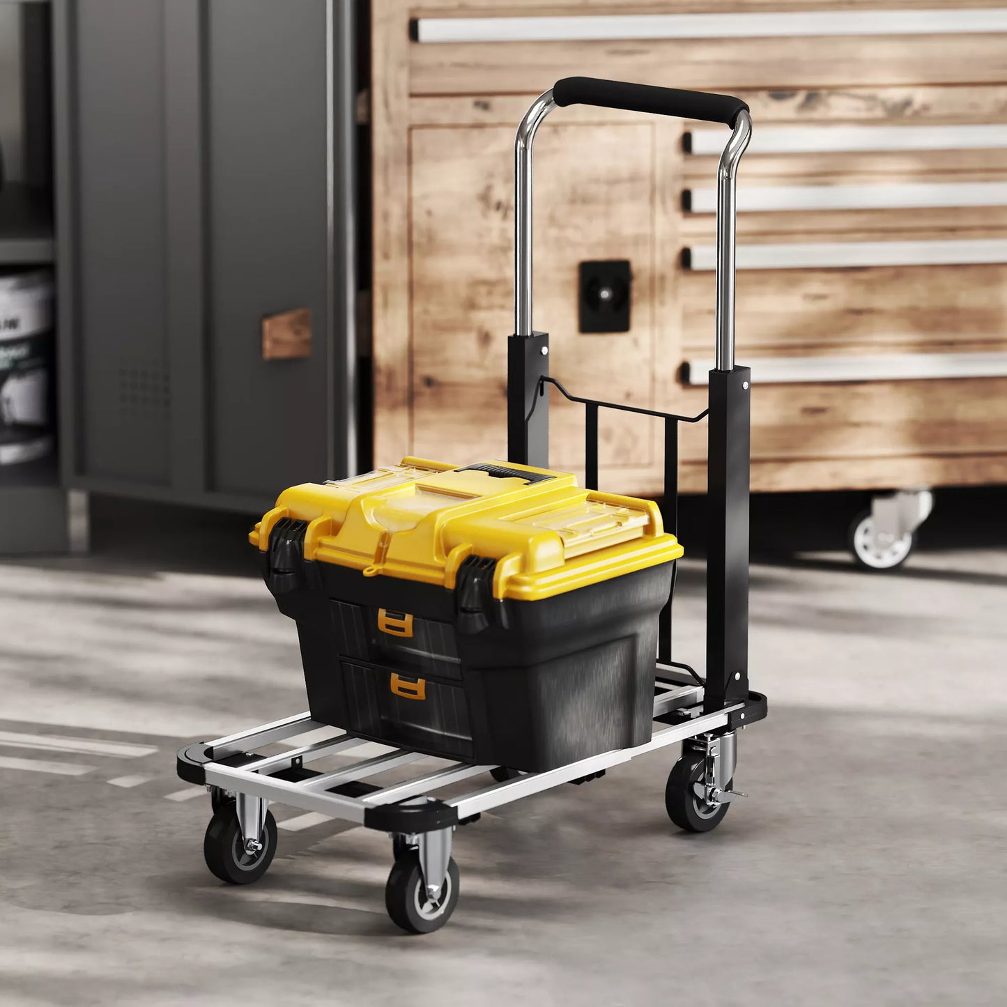 Sulankstomas rankinis vežimėlis, 150 kg apkrova, išplečiamas paviršius, aukščio reguliuojama rankena, skirtas dėžėms, metalas, juodas